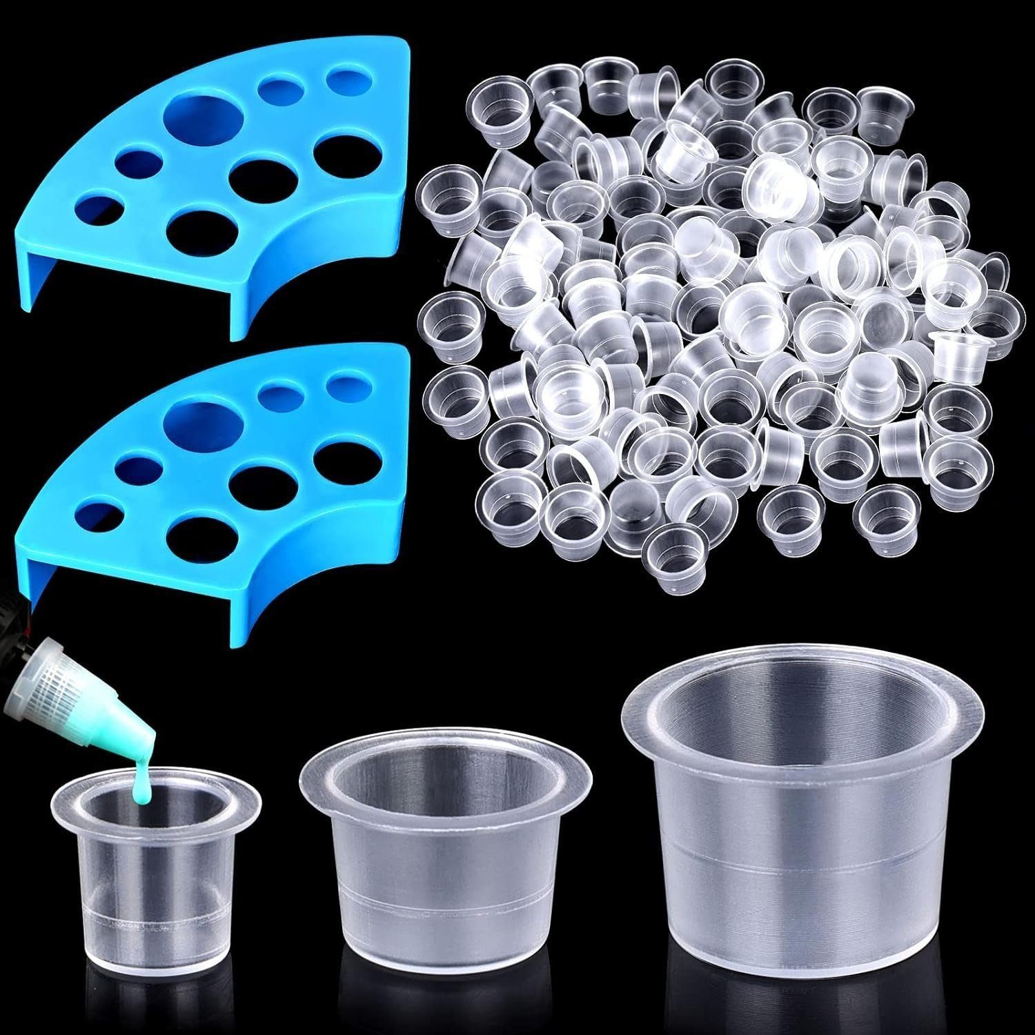 megadot Schmuck-Tattoo Tintenbecher für Tattoo Tinte Container Cap Tattoo Zubehör, 300-tlg., 300 Stück Tattoo Farbkappen Cups mit 2 Cups Halterungen