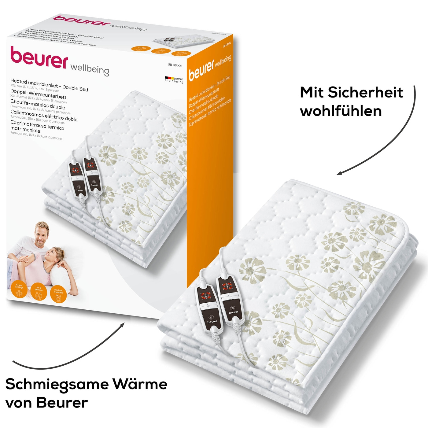 Beurer Doppel-Wärmeunterbetten UB 68 XXL-Großes Wärmeunterbett mit 2 Schaltern & je 4 Temperaturstufen - 150 x 160 cm