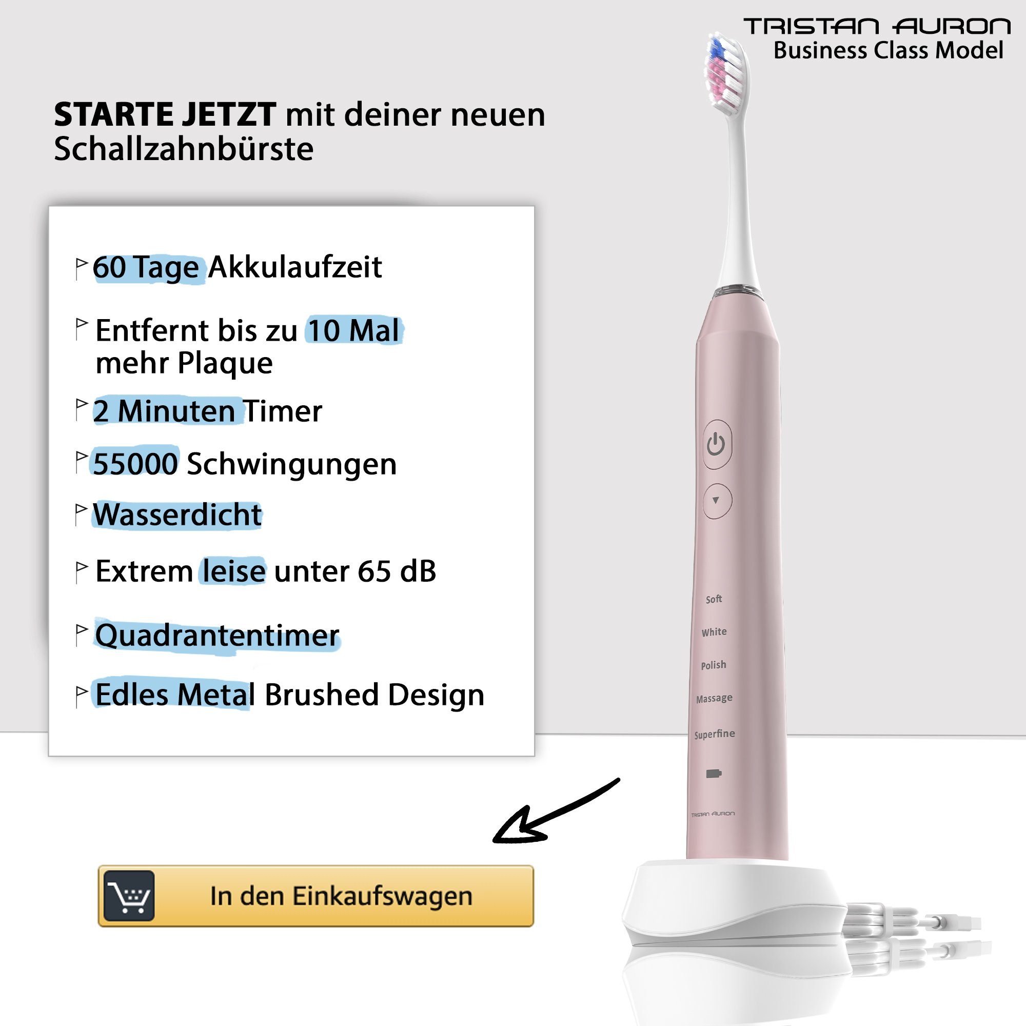 Tristan Auron Schallzahnbürste Business Class + UV Case + 2x Köpfe I 55.000 Vibrationen 60 Tage Akku, Aufsteckbürsten: 2 St.