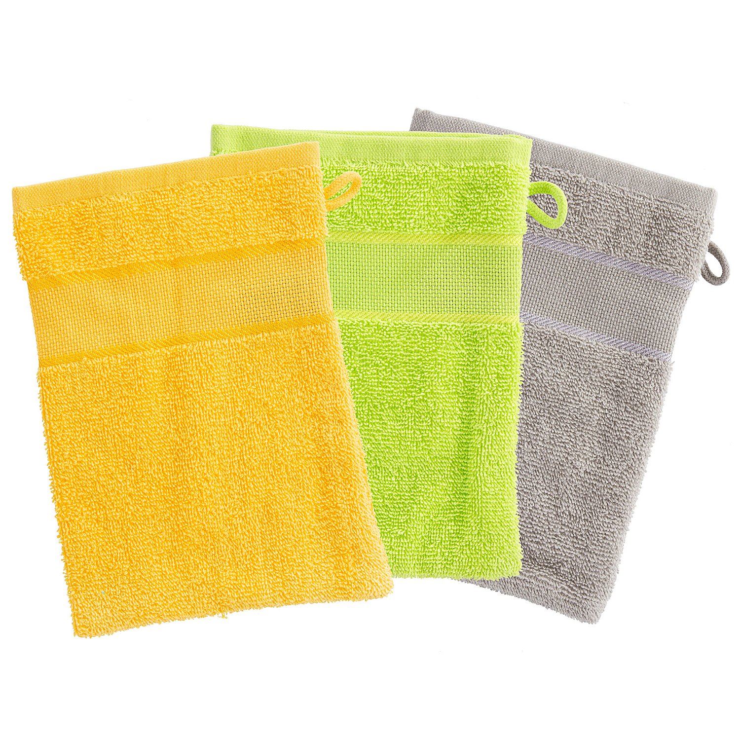 3er-Pack buttinette Walk-Frottier-Waschhandschuh, gelb, lemon, grau