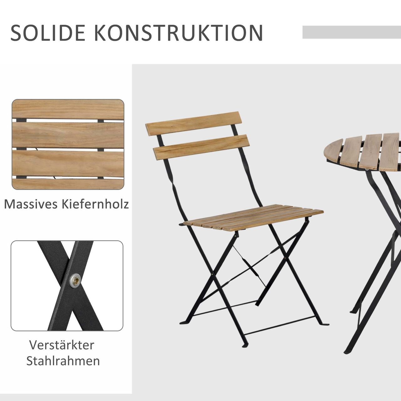 Outsunny Bistroset 3-tlg. Klappbar Gartenset Balkonset Bistrotisch mit 2 Stühlen Gartenmöbel Metall Kiefernholz Natur