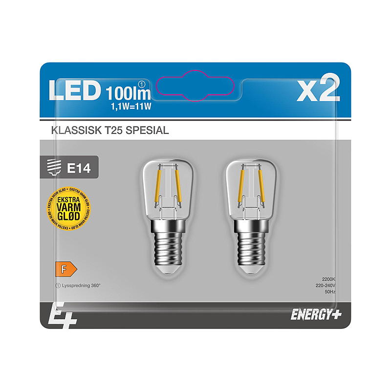 Energy Lyspære LED 100 lm 2-pk spesial klar E14 T25 E