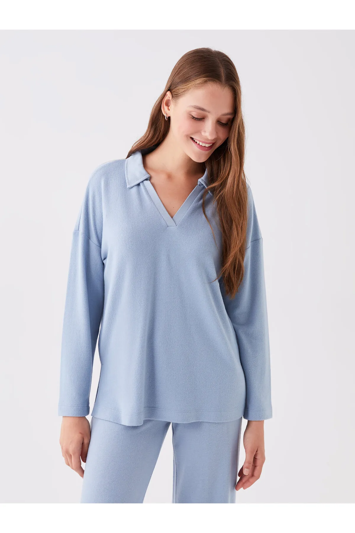 LC Waikiki  Einfarbiges, langärmliges Damen-Pyjama-Set mit Polo-Ausschnitt