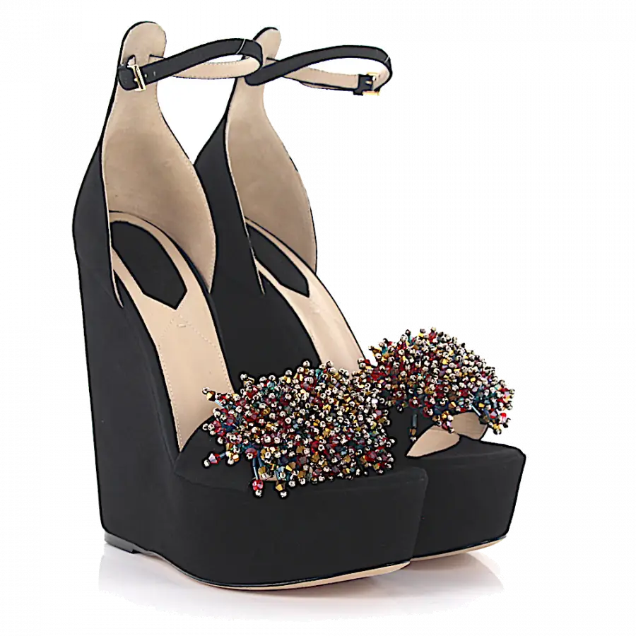 Elie Saab - Plateausandalen Veloursleder Wildleder Kristallverzierung schwarz - schwarz