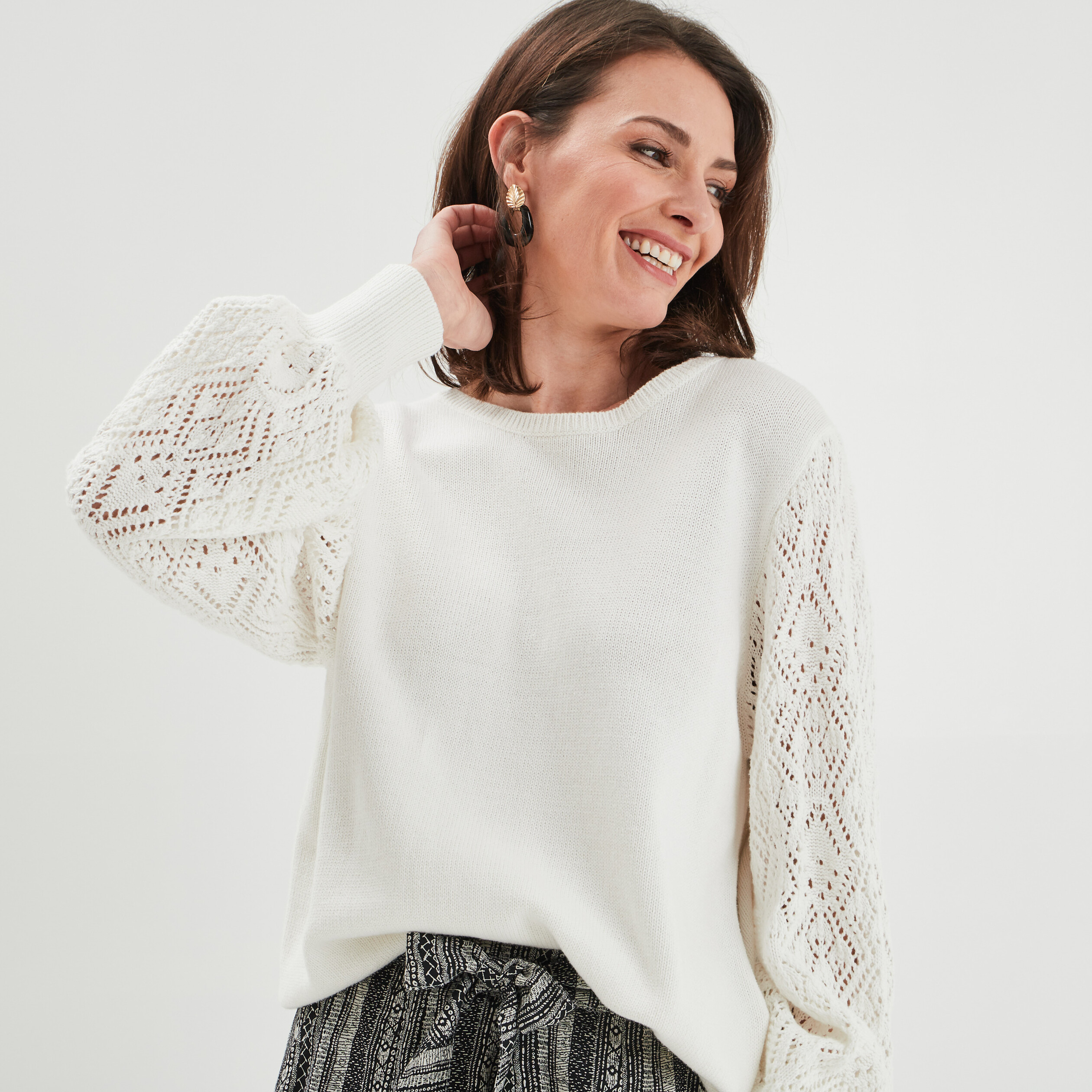 Pull manches longues en macramé Liberto ivoire femme | La Halle