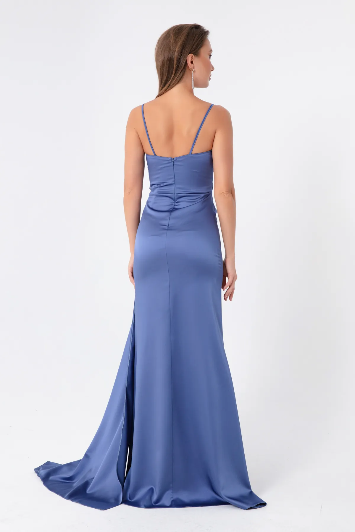 Lafaba  Langes Satin-Abendkleid und Abschlusskleid für Damen mit Indigo-Trägern