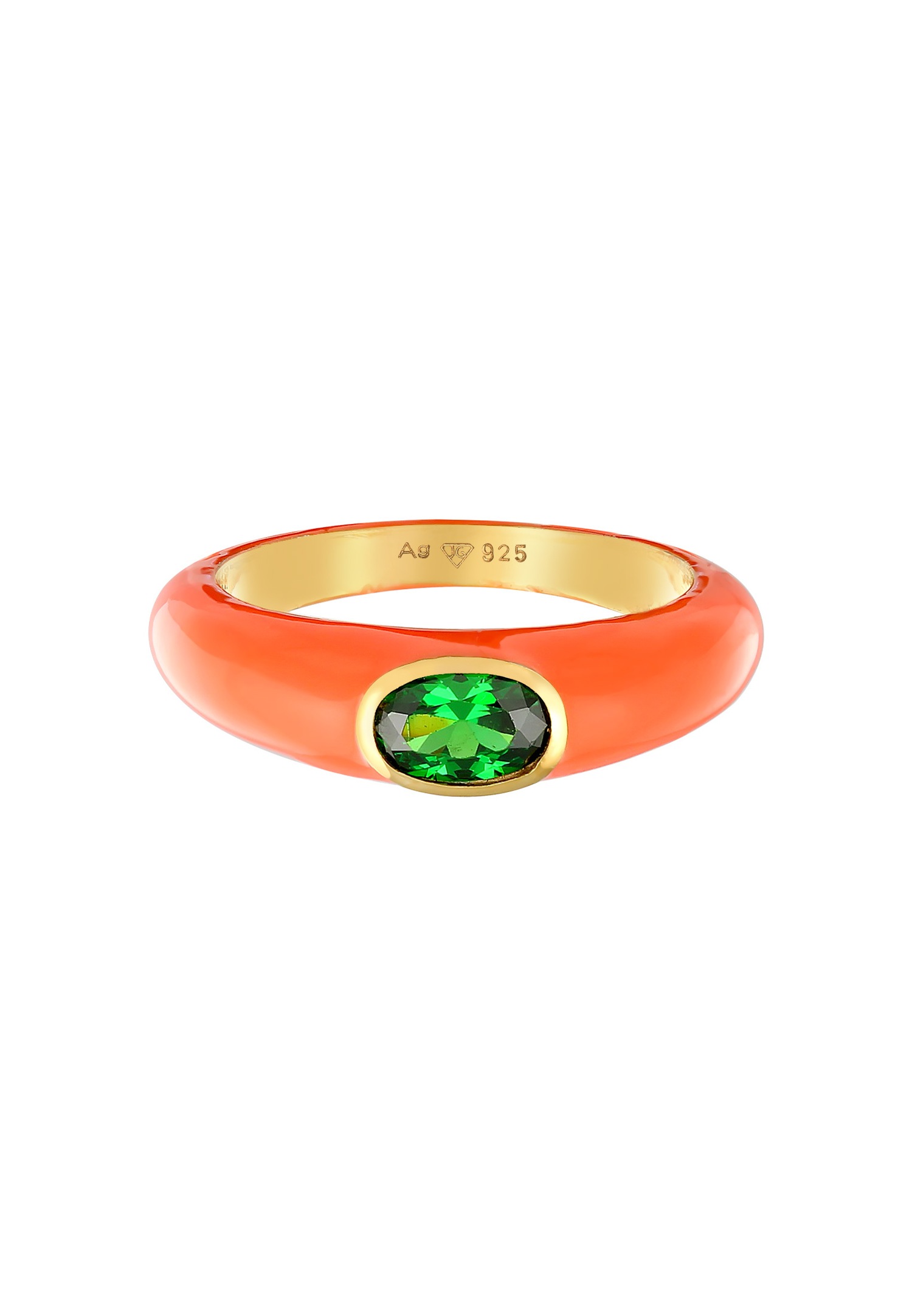 Inel solitaire oval Elli pentru femei cu email portocaliu și cristal verde de zirconiu cubic, din argint 925 placat cu aur