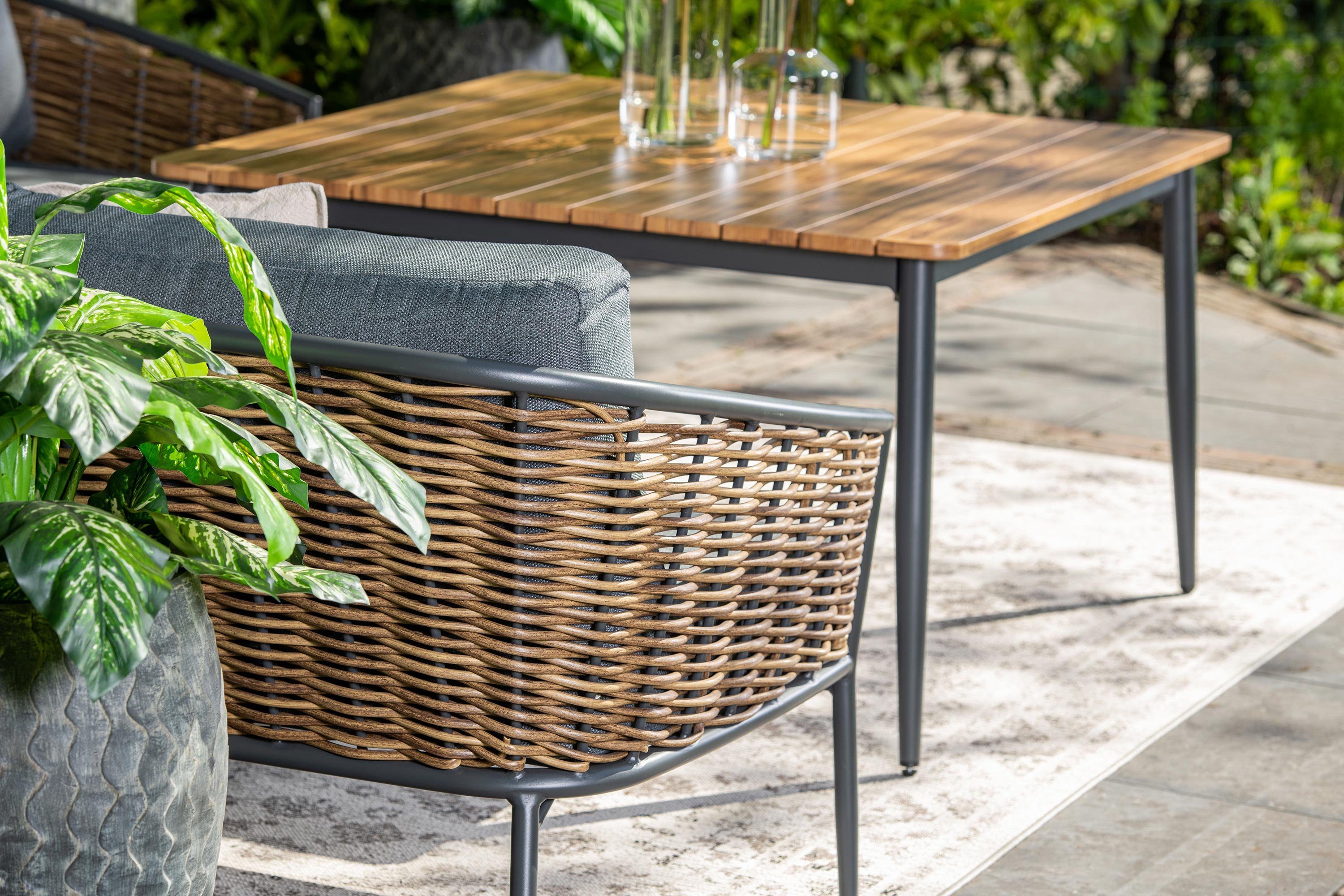 GMD Living Eckbankgruppe BALI, (Gartensitzgruppe / Gartenessgruppe, 4-tlg., bestehend aus 3 Bankteilen und einem Tisch), stilvolles Set in auffälligem Material-Mix