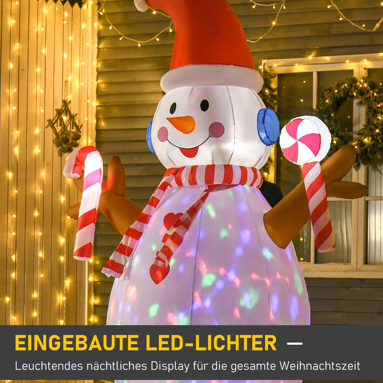 HOMCOM 2,4 m aufblasbarer Schneemann mit rotierender Beleuchtung Weihnachtsdeko für den Innen- und Außenbereich Garten Rasendekoration Party Weiß Rot 180 x 100 x 240 cm