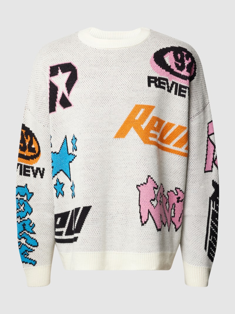 Oversized Strickpullover mit Motiv-Prints in ecru