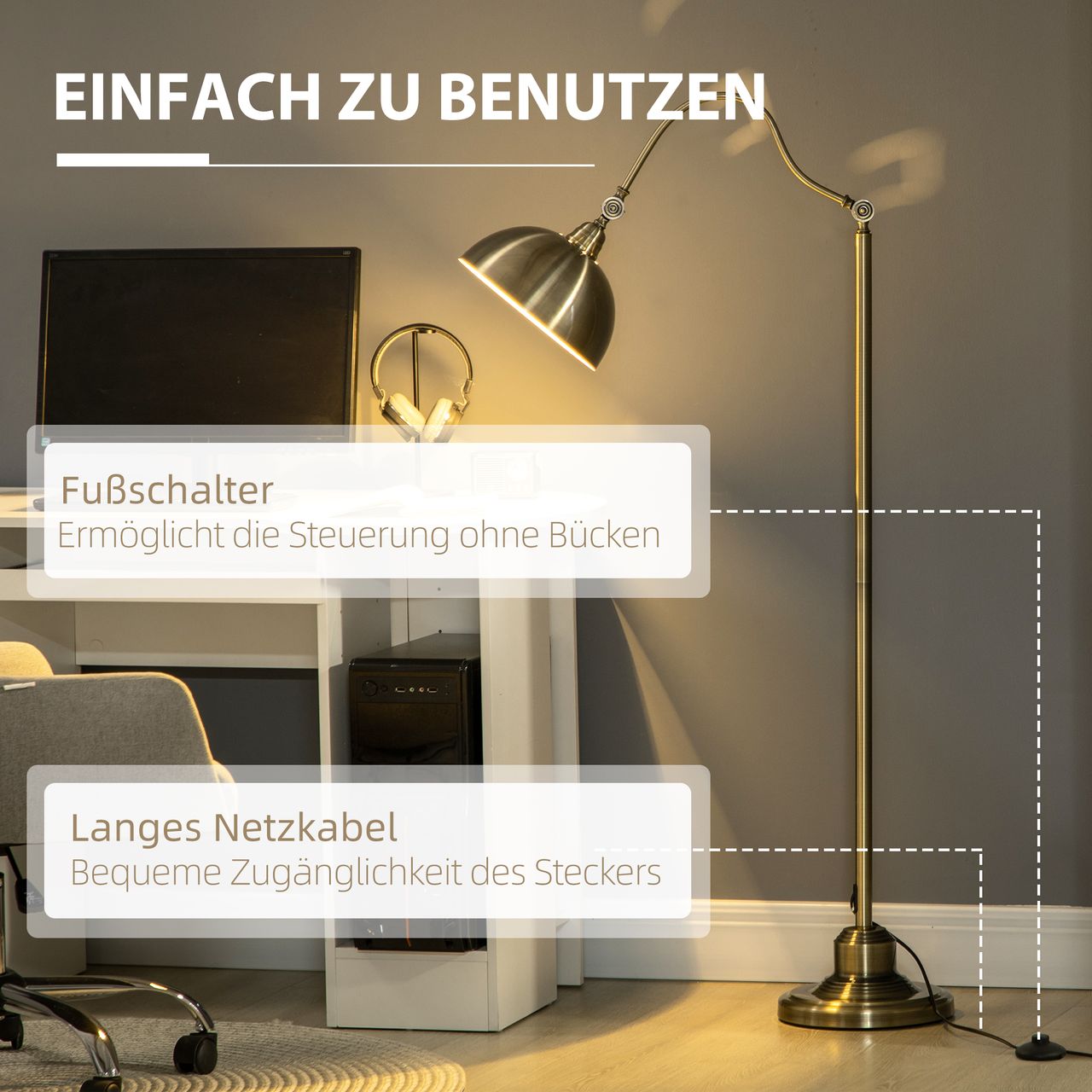 HOMCOM Stehleuchte im Vintage-Design, verstellbare Stehlampe für Wohnzimmer