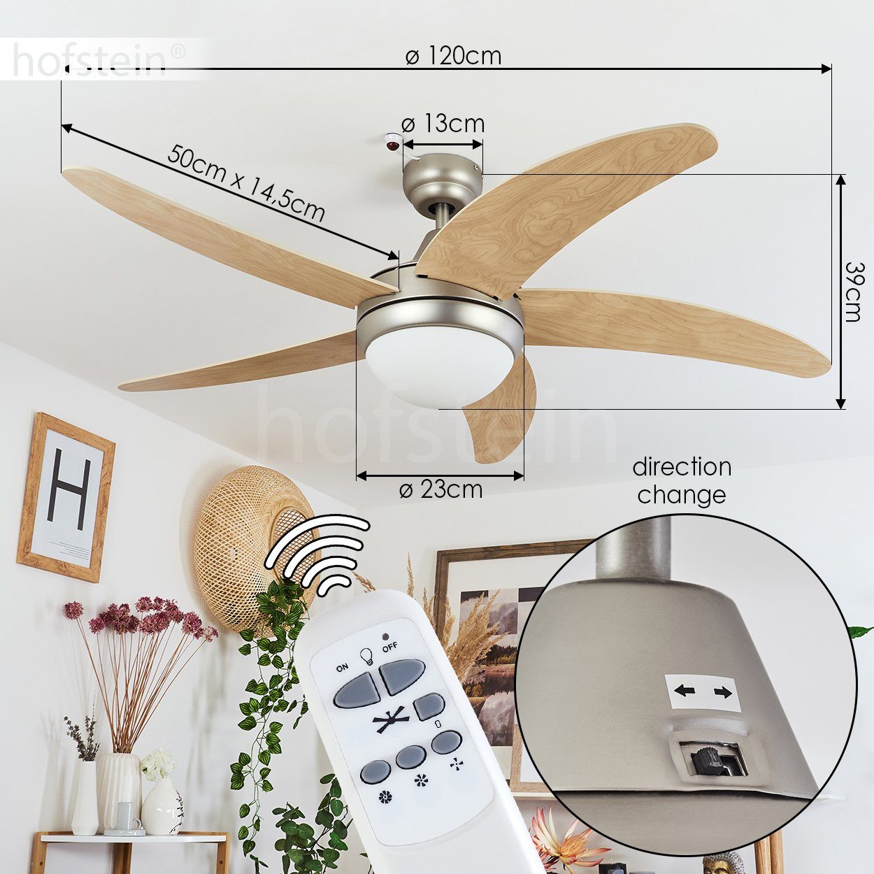 hofstein Deckenventilator Quarto Ventilator aus Metall/Holz/Glas in Nickel-matt/Natur/Weiß