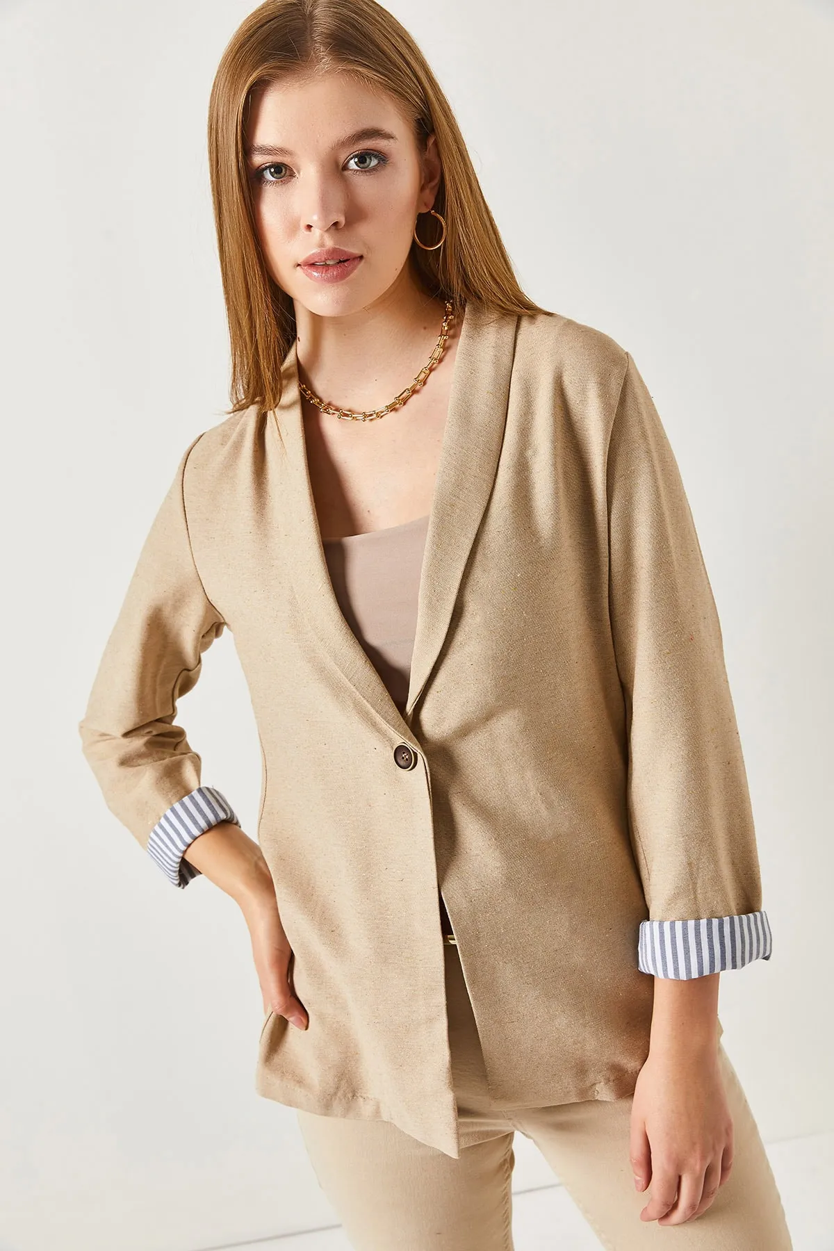 armonika  Gestreifte Damenjacke mit einem Knopf und Nerzärmeln ARM-22K001122
