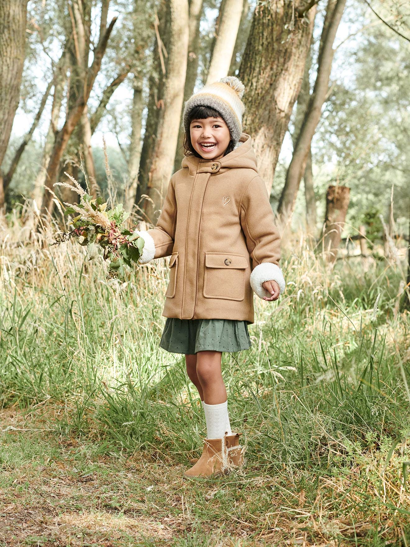 Manteau à capuche en drap de laine fille doublé sherpa chamois