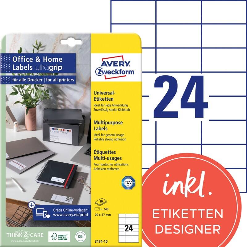 AVERY Zweckform ultragrip Universaletiketten 3474-10 Selbsthaftend DIN A4 Weiß 70 x 37 mm 10 Blatt à 24 Etiketten