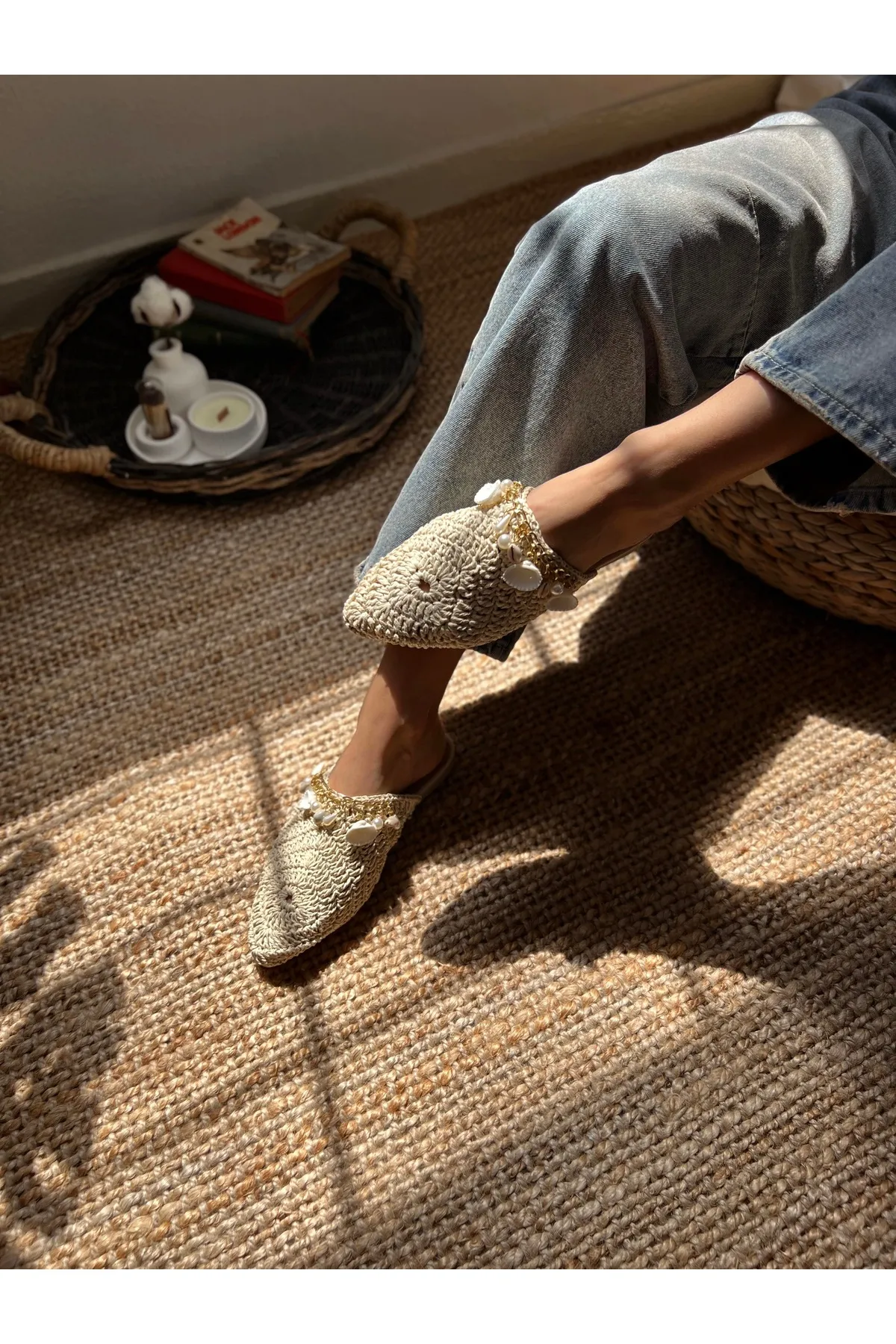 NİŞANTAŞI SHOES  Lisa Beige Gestrickte Damenhausschuhe mit Muscheldetails
