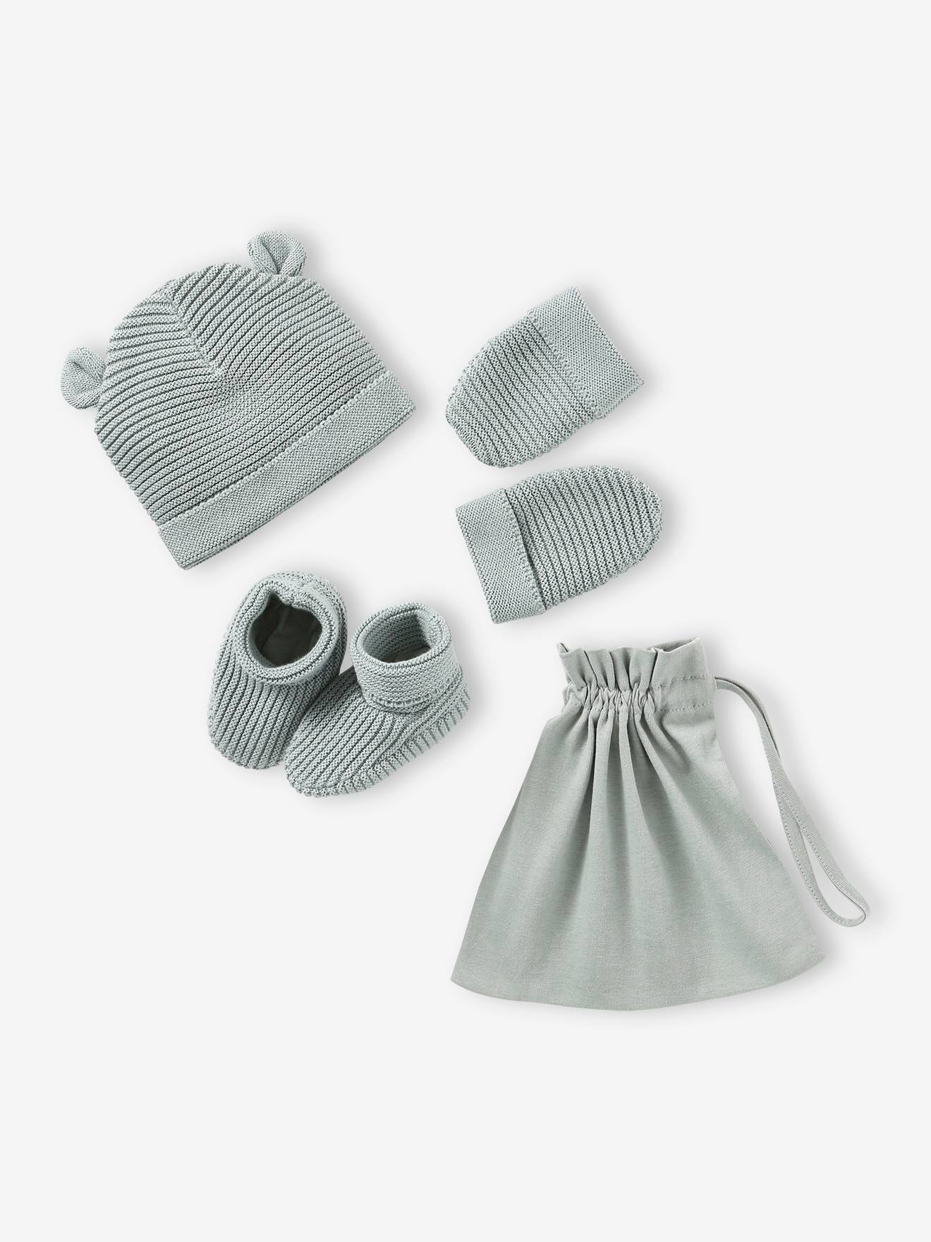 Ensemble bonnet, moufles et chaussons bébé naissance et son sac assorti marine