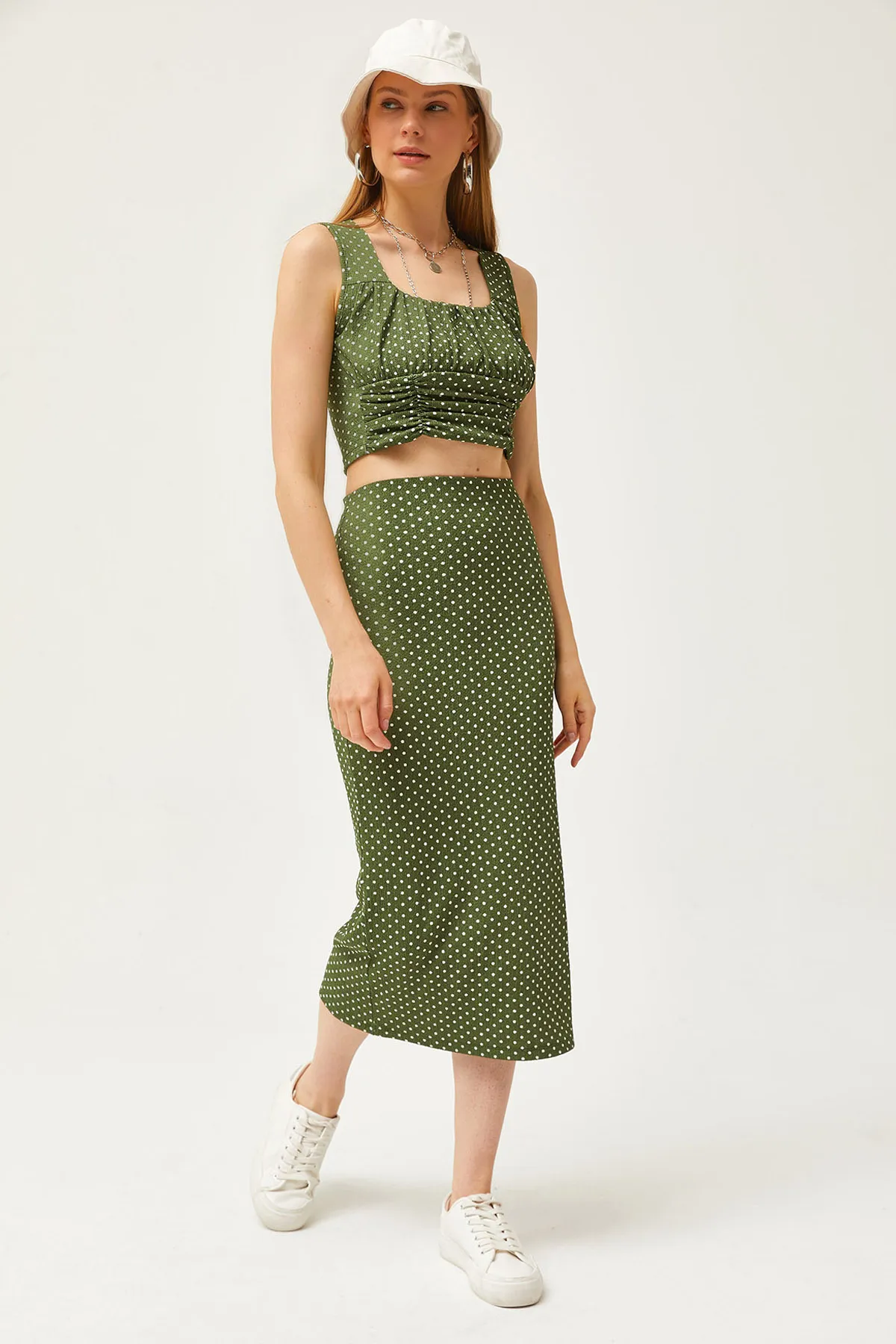 Olalook  Grünes gepunktetes Oberteil für Damen, Bluse, Unterteil, Rock, Strickunterteil, Oberteil-Set TKM-19000281