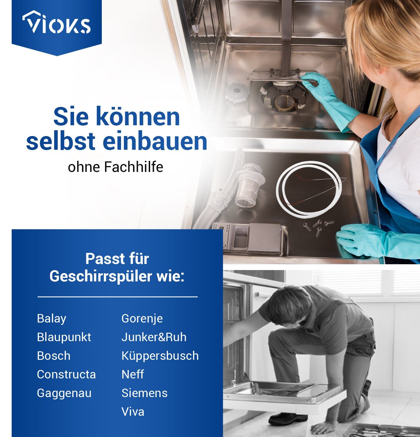 VIOKS Montagezubehör Geschirrspüler Dichtung Set für Pumpentopf wie Bosch 12005744 (Set, 1 St., 1xDichtung, 1xDraht, 4xSchrauben), 182mmØ für Geschirrspüler