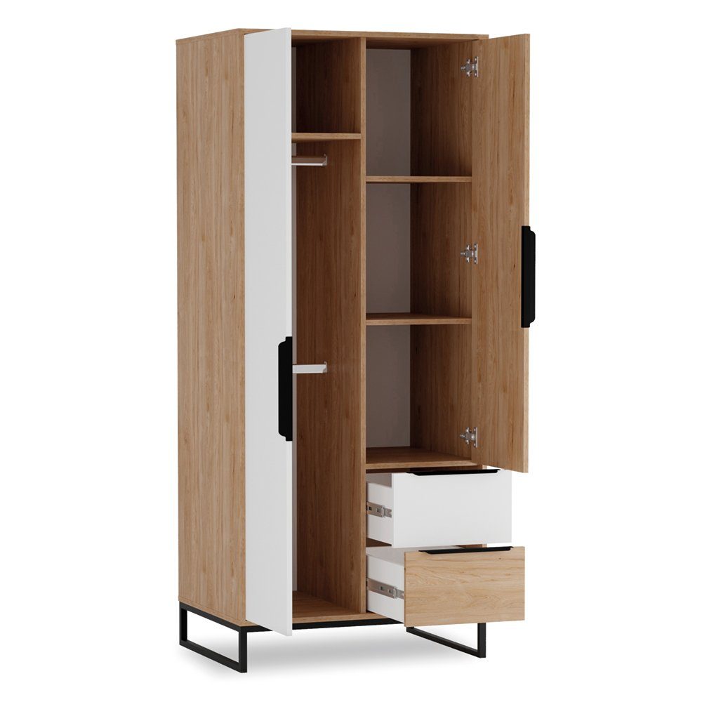 Lomadox Jugendzimmer-Set LUZZI-132, (Sparset, 4-tlg), Eiche Nb. mit weiß, Kleiderschrank, Nachttisch, Bett, Kommode