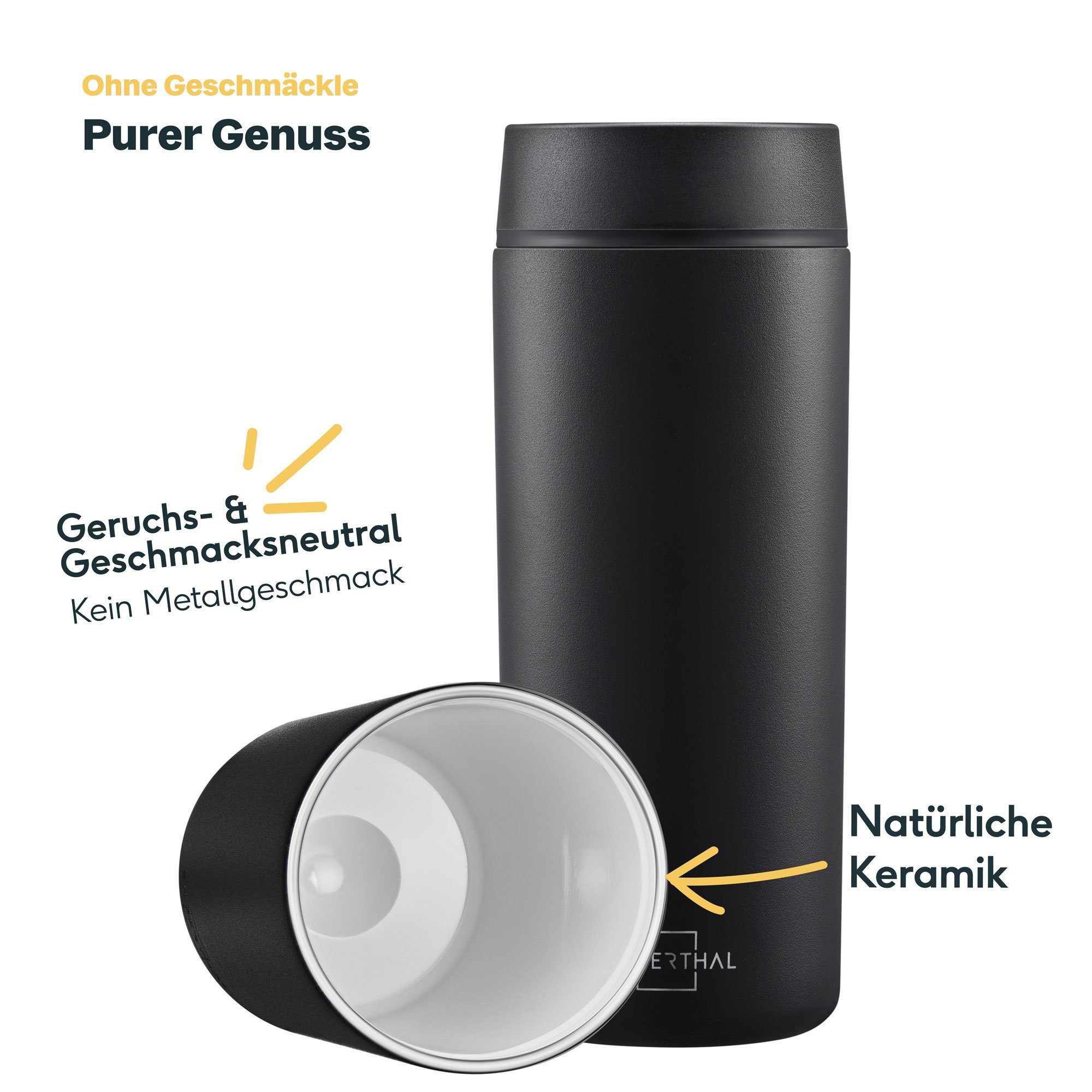 SILBERTHAL Thermobecher Kaffee to go 350 ml, Edelstahl, 6h heiß & 12h kühl, feine Keramik im Innern