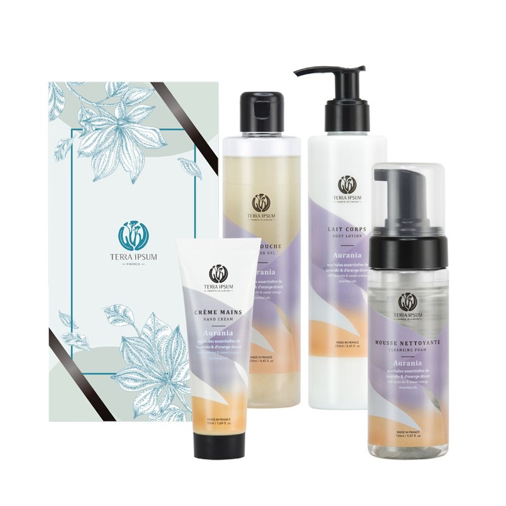 terra ipsum Coffret Collection Aurania - Gel DoucheLait Corps Mousse Nettoyante Crème mains Gel douche + Nettoyant visage + Lait pour le corps + Crème pour les mains