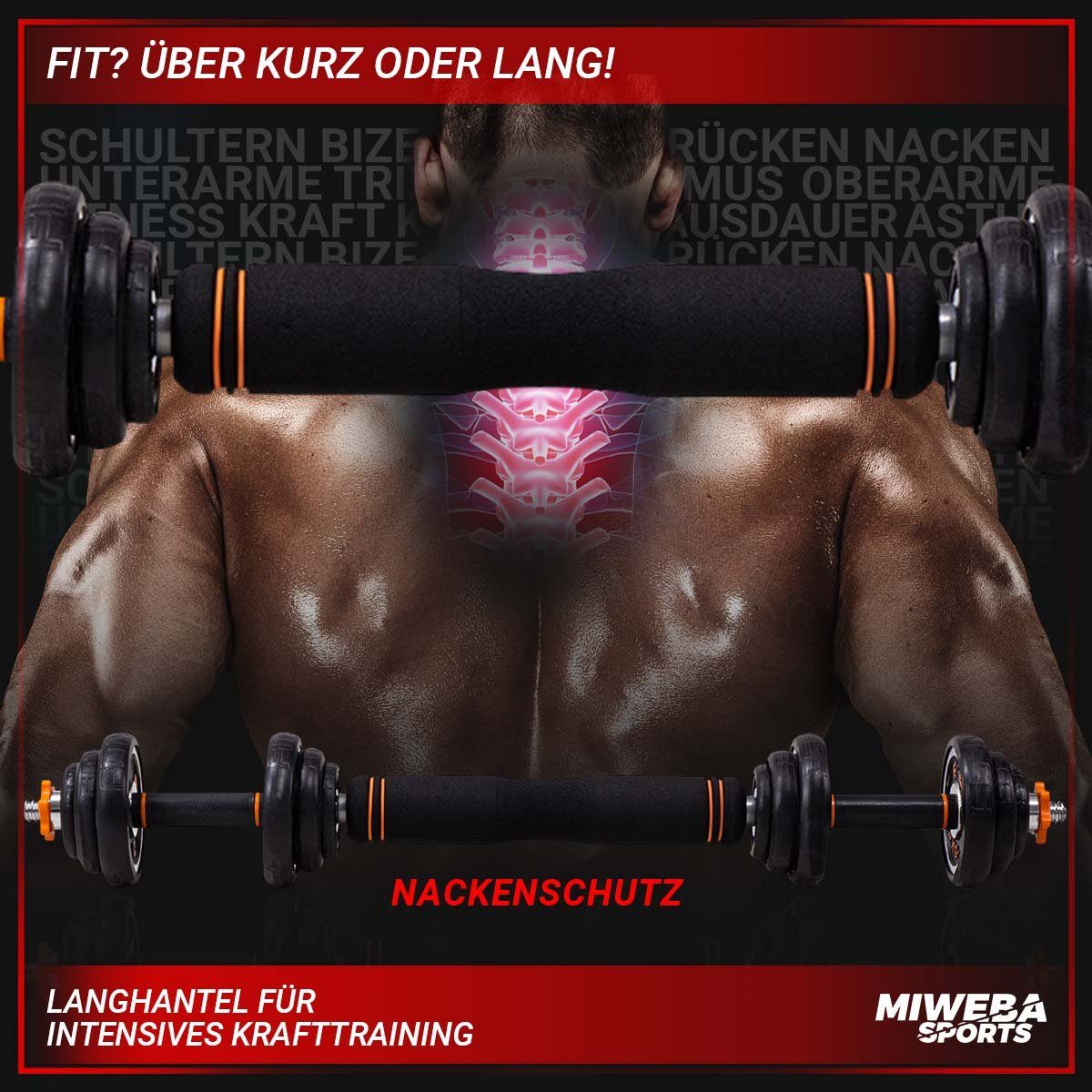 Miweba Sports Hantel-Set Premium FED 4in1 Hantel Set inkl. Transportkoffer - 20/30 kg, (Hantelstangen, Gewichte, Verbindungstück, Sternverschlüsse, Gummibezüge, Trainingshandschuhe, Stahl, kreuzgerändelter Griff, rutschfest, Multifunktionshantel, sch