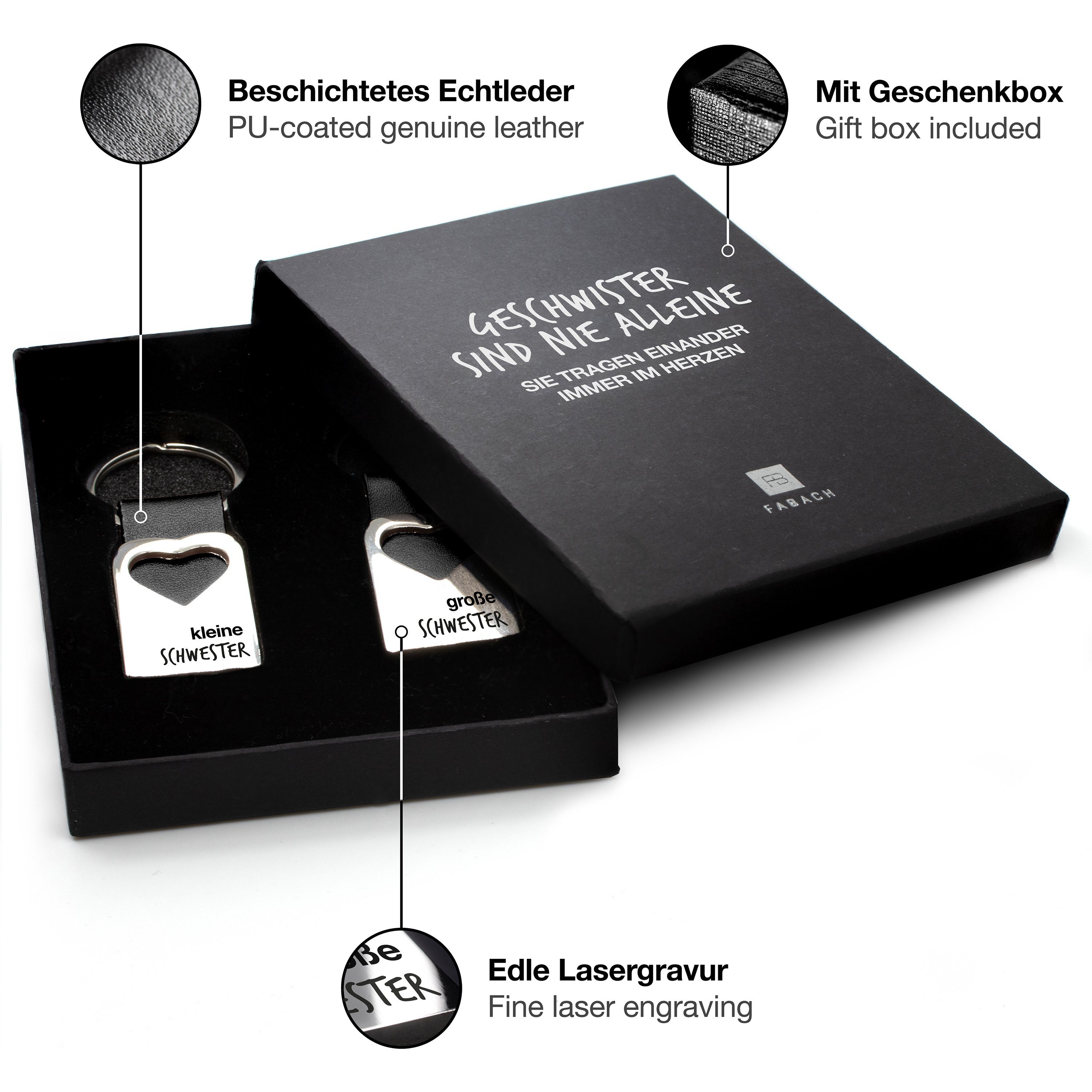 FABACH Schlüsselanhänger Leder mit Herz und Gravur - Glücksbringer Geschenk für Geschwister