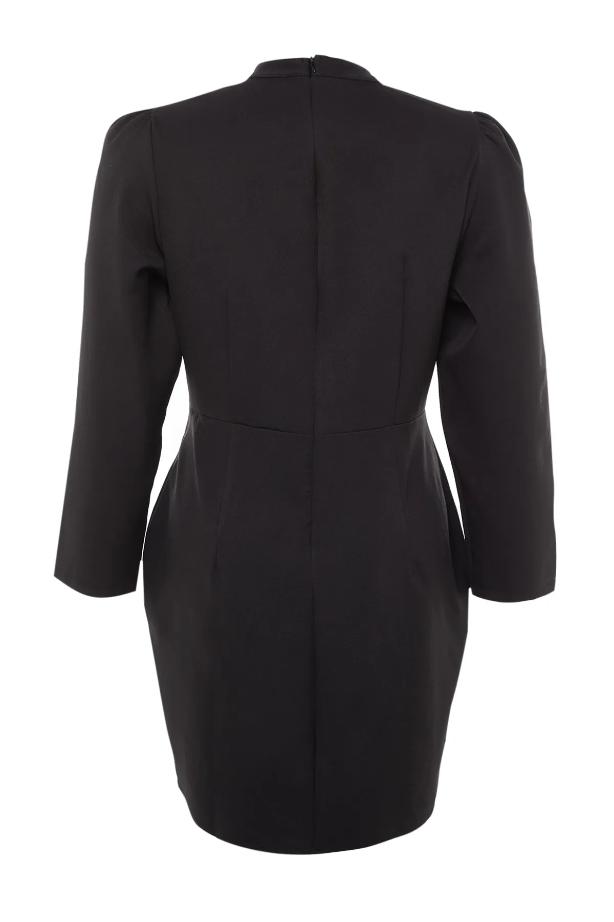 Trendyol Curve  Schwarzes Plus-Size-Kragen, tief ausgeschnittenes, ungefüttertes, langärmliges, figurbetontes Mini-Webkleid TBBAW23AH00040