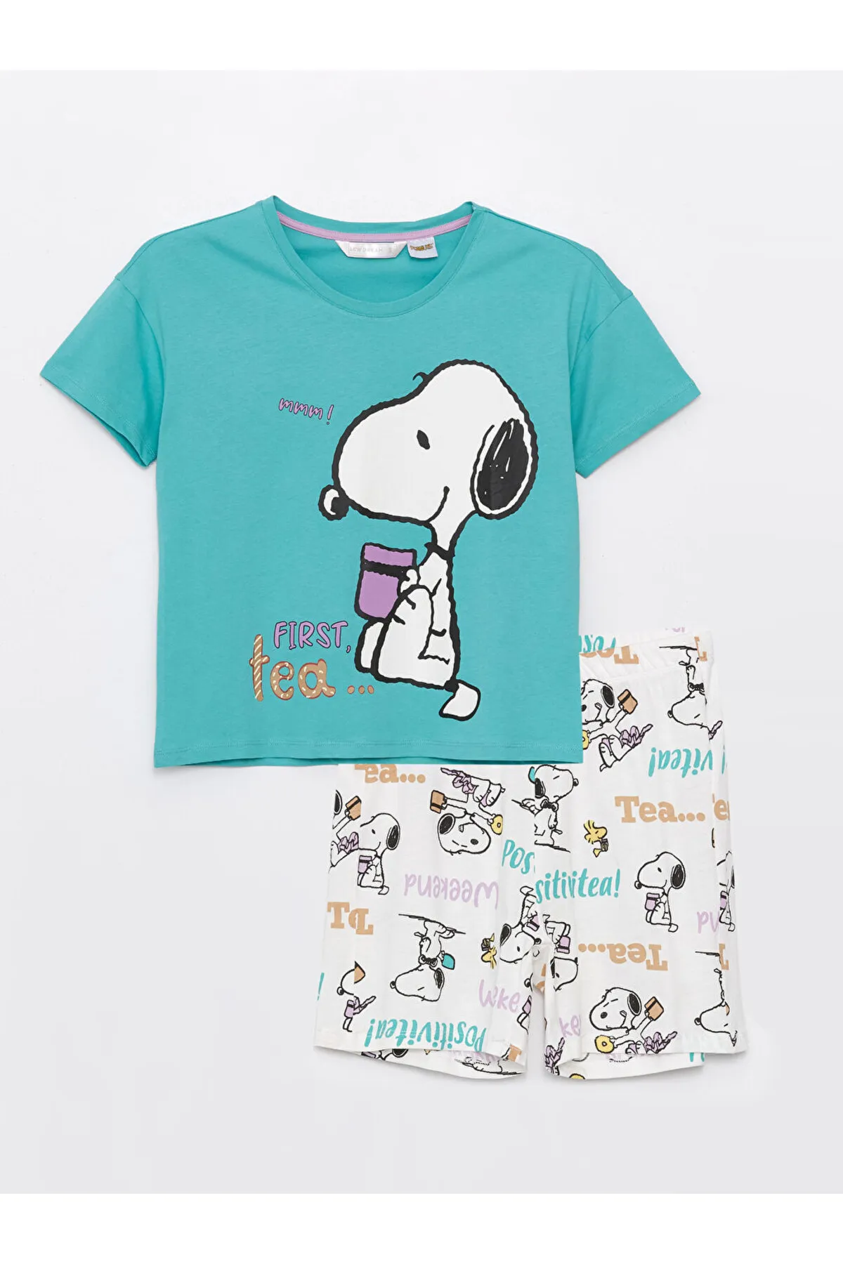 LC Waikiki  Kurzarm-Damenpyjama-Set mit Rundhalsausschnitt und Shorts, bedruckt mit Snoopy-Motiv