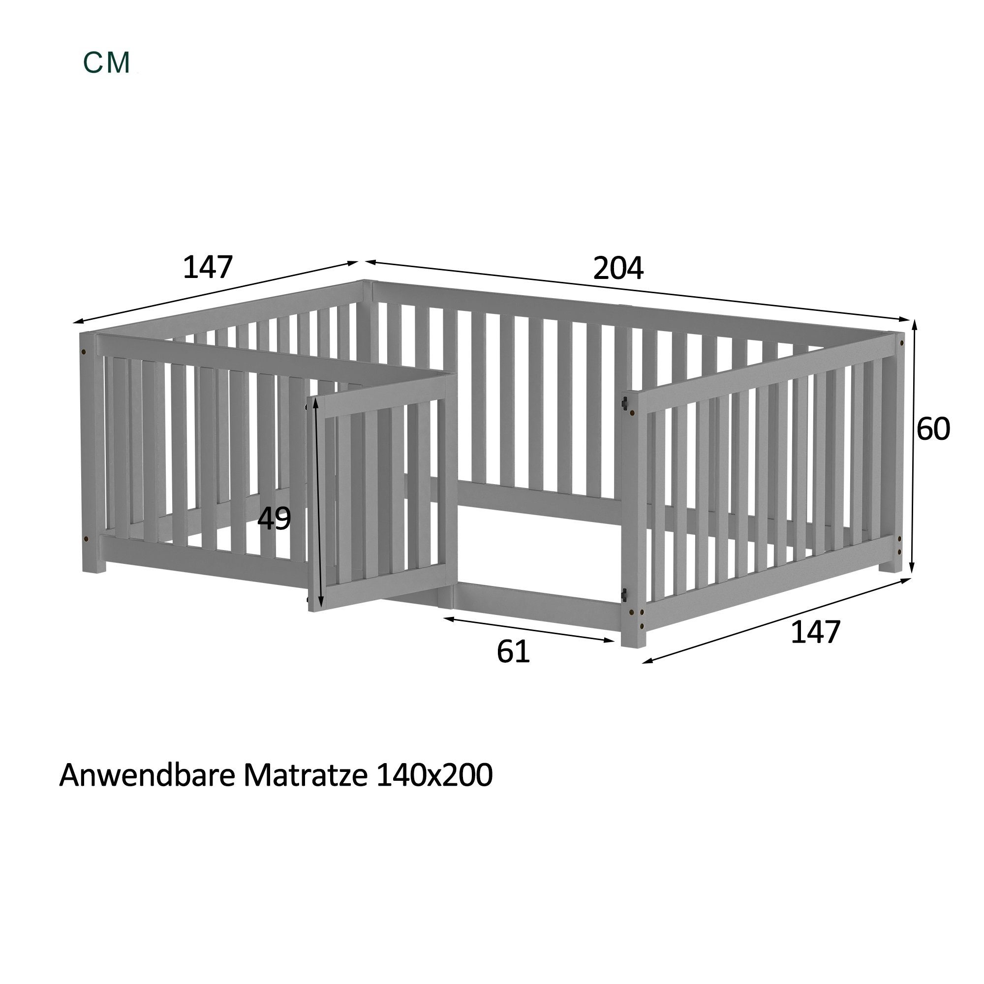 WISHDOR Kinderbett Jugendbett Massivholzbett Einzelbett (140X200cm ohne Matratze), mit Zaun und Tür, Robuster, langlebiger und sicherer Bettrahmen