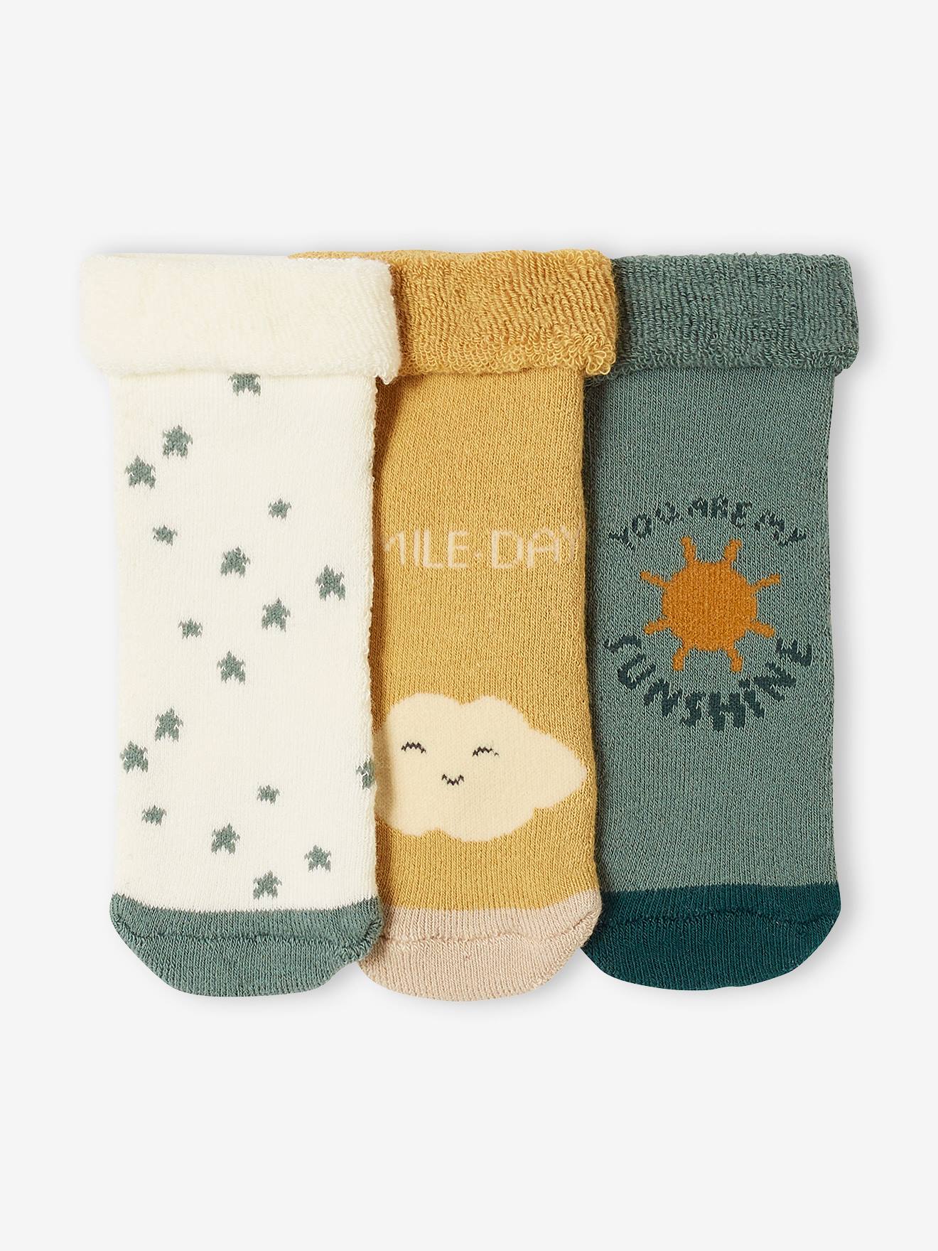 Lot de 3 paires de chaussettes étoiles, nuage et soleil bébé vert sauge