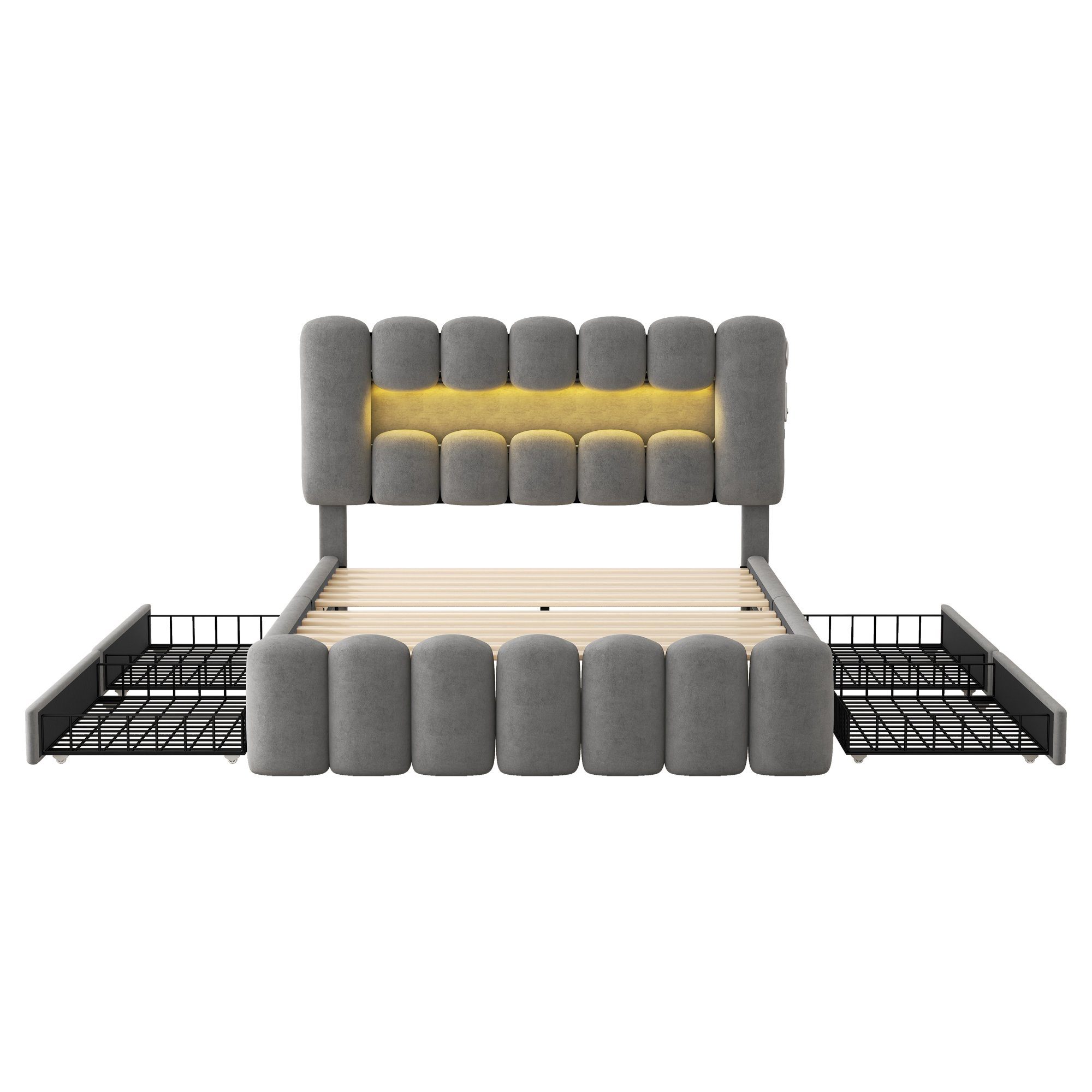 HAUSS SPLOE Polsterbett Polsterbett Funktionsbett Bettrahmen KInderbett Doppelbett (mit 4 Schubladen und LED-Lichtleiste, Jugendbett mit USB und Stereoanlage), 140*200 cm, Grau