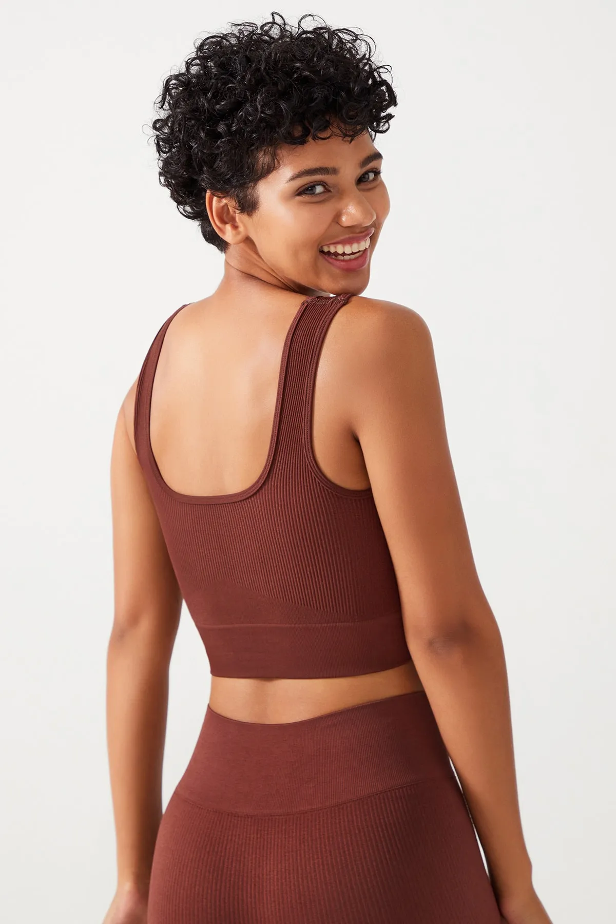 LOS OJOS  Braunes, geripptes, bauchfreies Bustier-Top mit quadratischem Ausschnitt für Damen