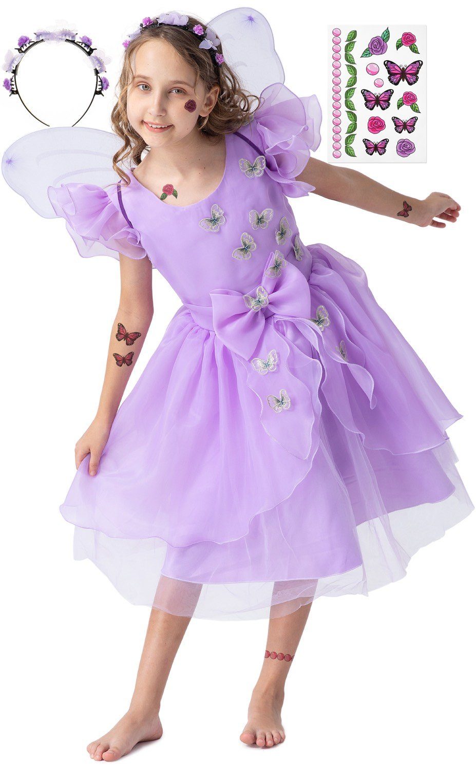 Corimori Prinzessin-Kostüm Prinzessin Kleid Kostüm-Set für Kinder Schmetterling, mit Tattoos & Haarband, Feen-Kleid, Fasching, lila, Fee, Mädchen