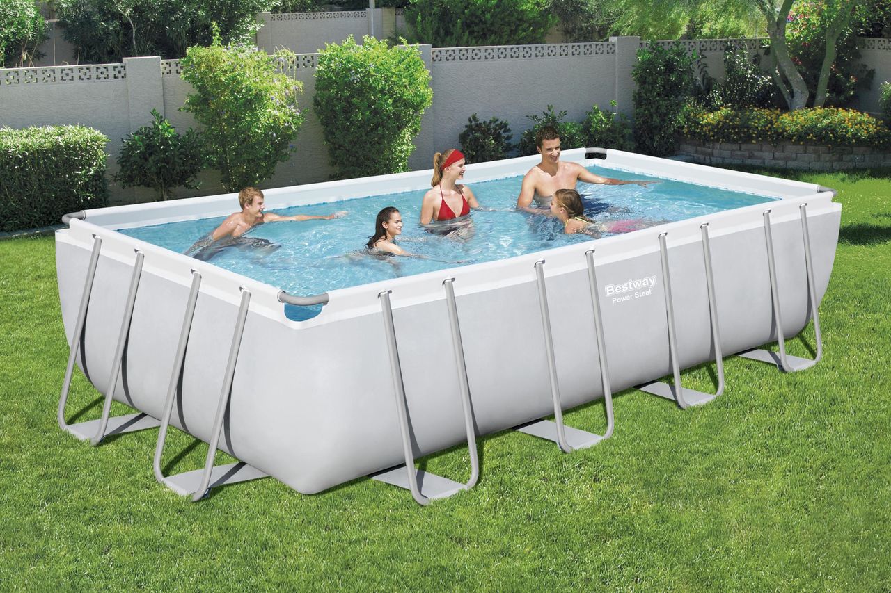Bestway Power Steel™ Frame Pool Komplett-Set mit Sandfilteranlage, lichtgrau, 549 x 274 x 122 cm eckig