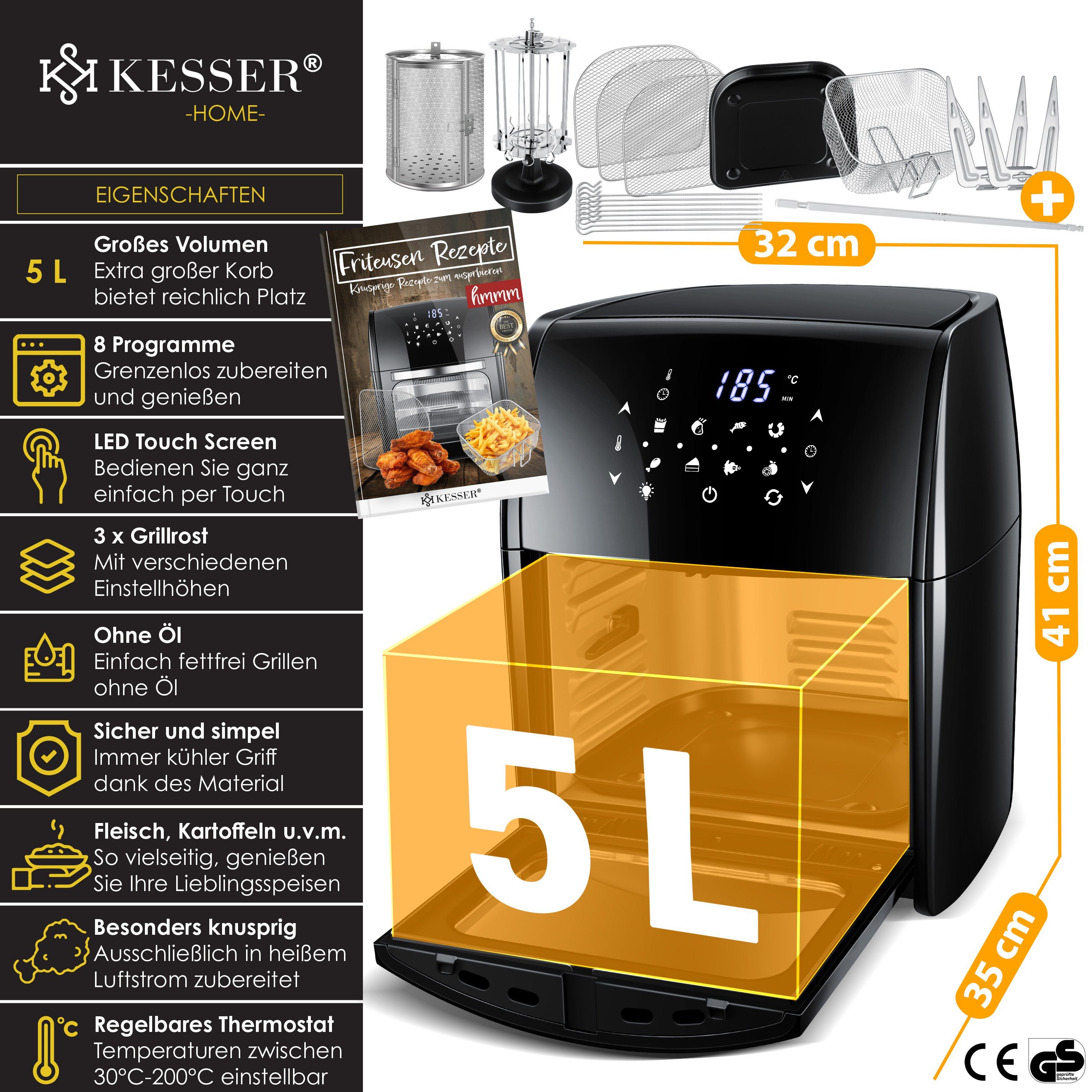 KESSER Heißluftfritteuse, 1800 W, XXL Airfryer 9in1 Heißluftfritteuse Fritteuse Drehgrill