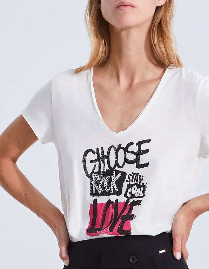 Tee-shirt écru coton bio à message clouté Femme