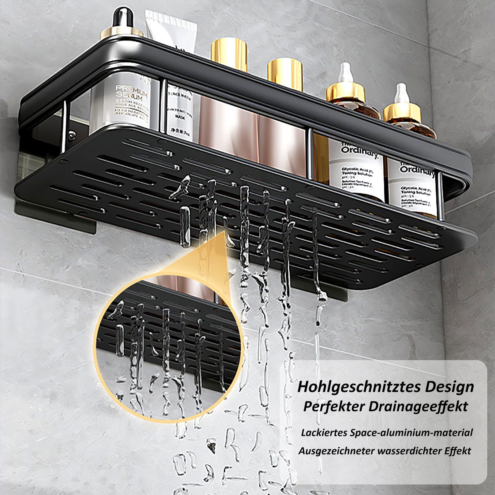 CALIYO Duschregal Duschablage ohne Bohren, 2-Tlg Duschkorb Aluminium rostfrei, Duschregal mit 4 Haken für Handtuch, Bürste und ​Duschschwamm