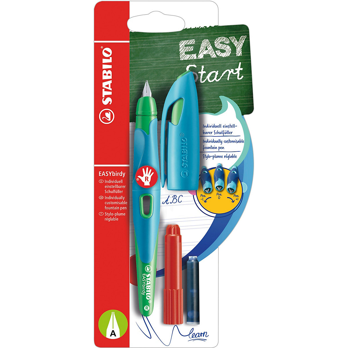 Schulfüller EASYbirdy Rechtshänder A-Feder himmelblau/grasgrün, inkl. Patrone & Einstellwerkzeug