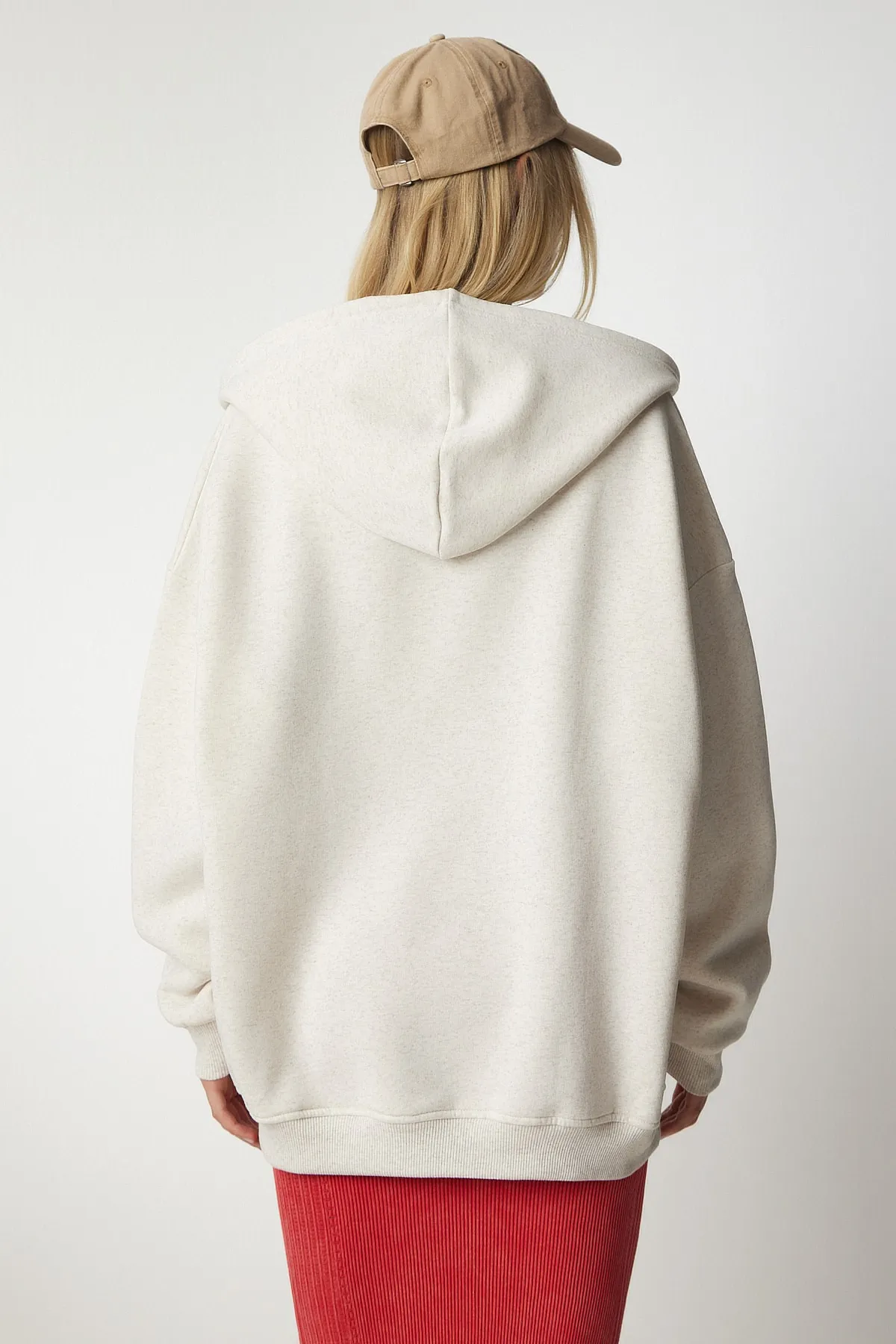 Happiness İstanbul  Cremefarbenes Oversize-Sweatshirt mit Kapuze und Reißverschluss für Damen UB00124