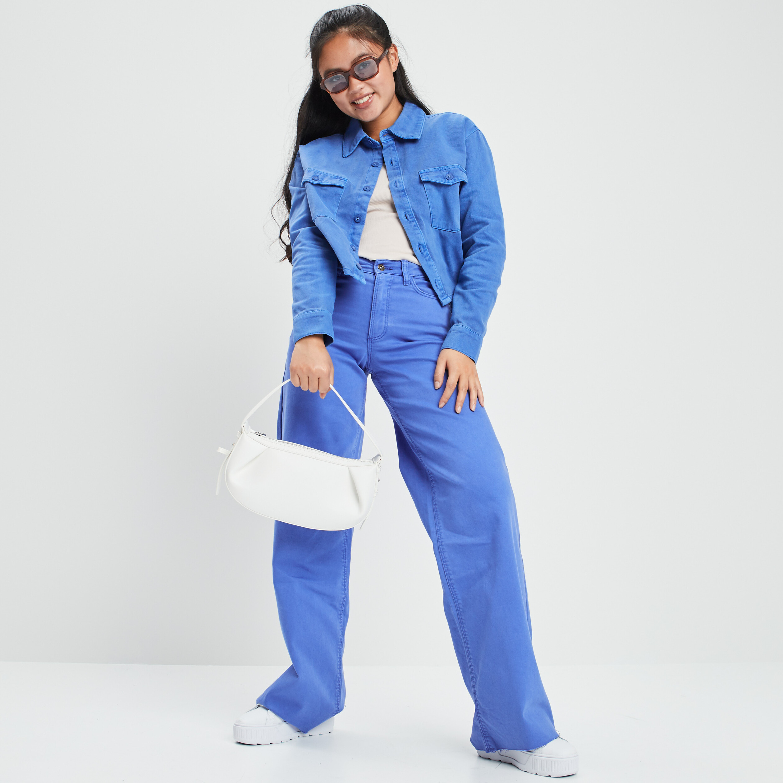 Surchemise cropped manches longues bleu electrique femme | La Halle