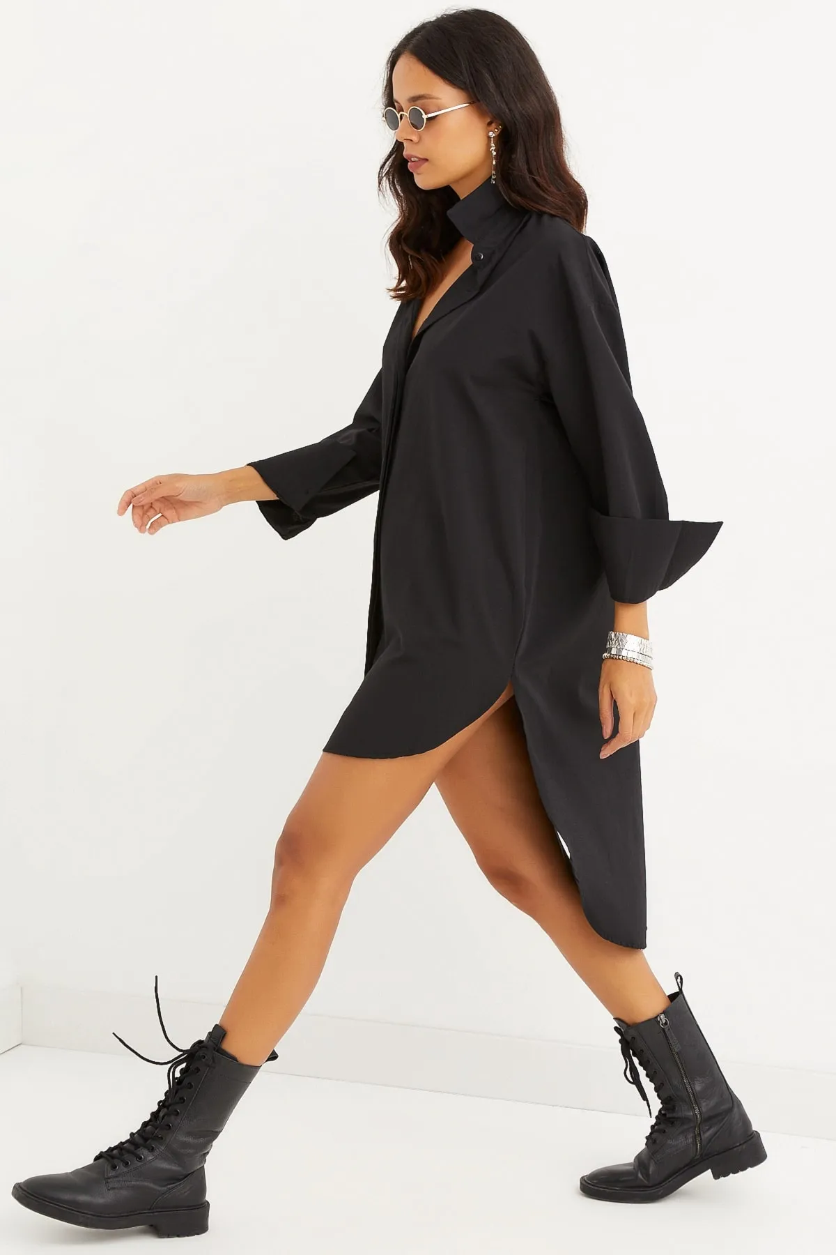 Cool & Sexy  Schwarzes Tunika-Hemdkleid mit versteckten Knöpfen für Damen SF1292