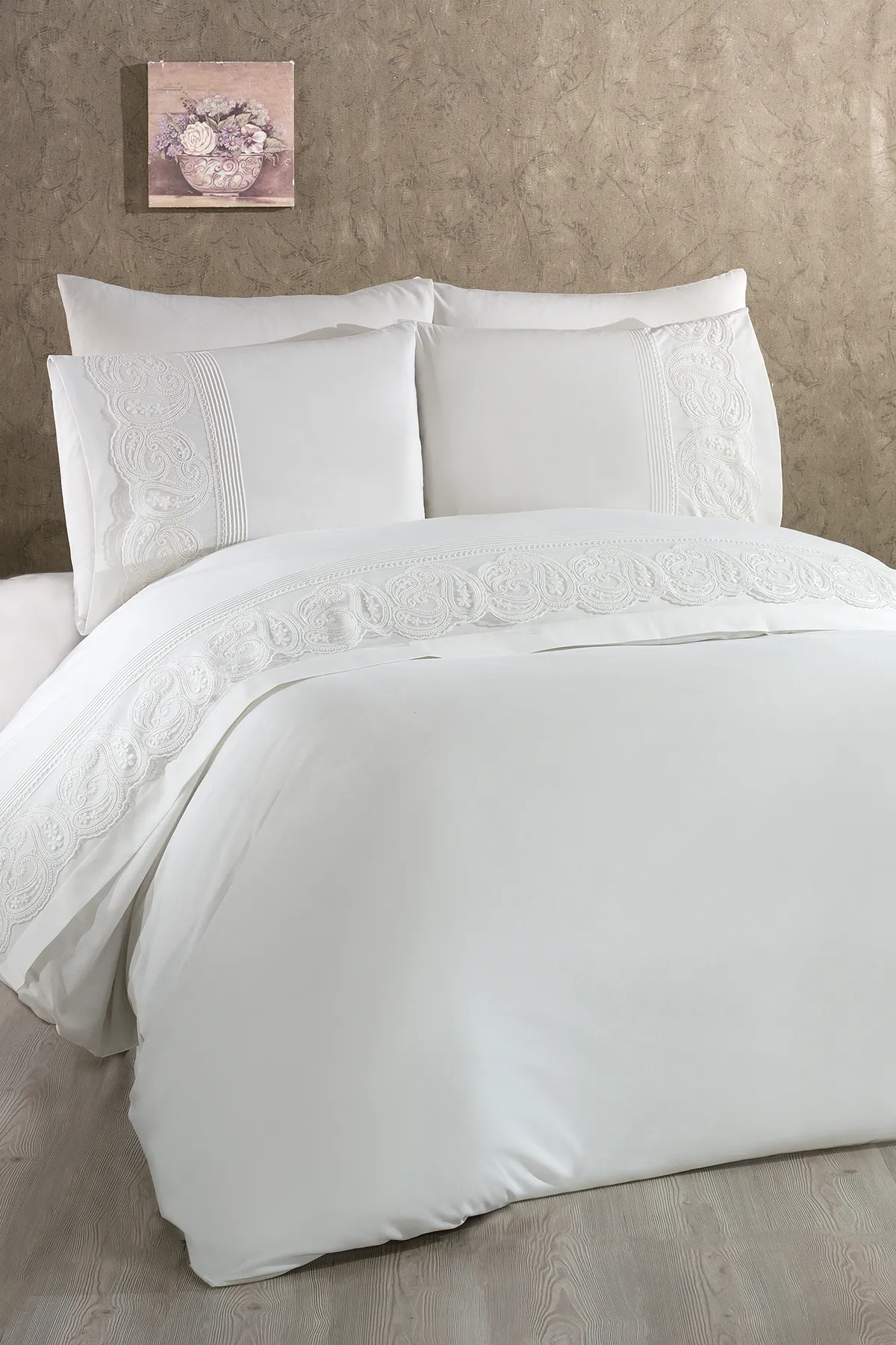 Çeyiz Diyarı  Schal-Bettbezug-Set mit französischer Spitze, gerippt, Creme