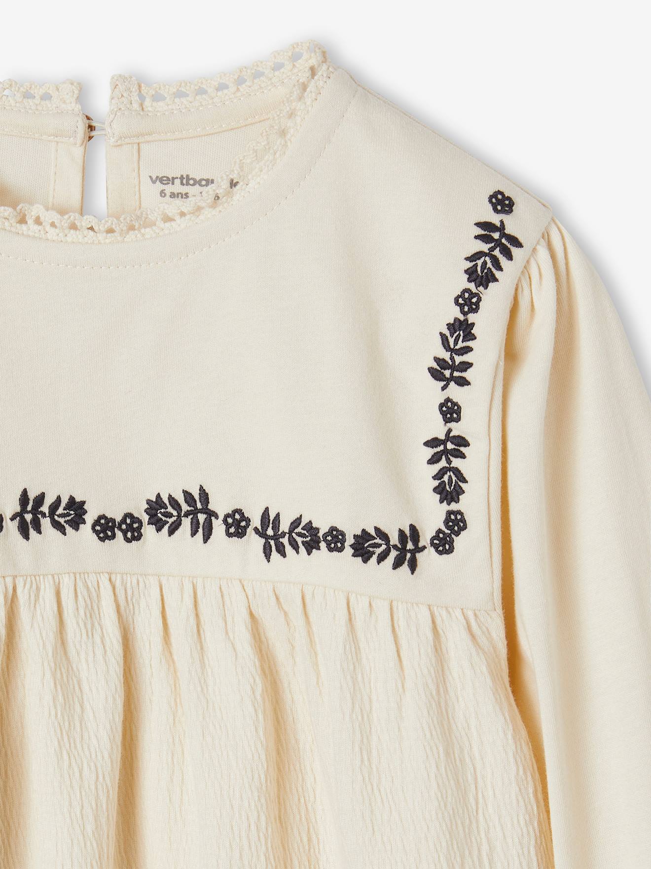 Vertbaudet Mädchen Blusenshirt mit Blumenstickerei Oeko-Tex - vanille