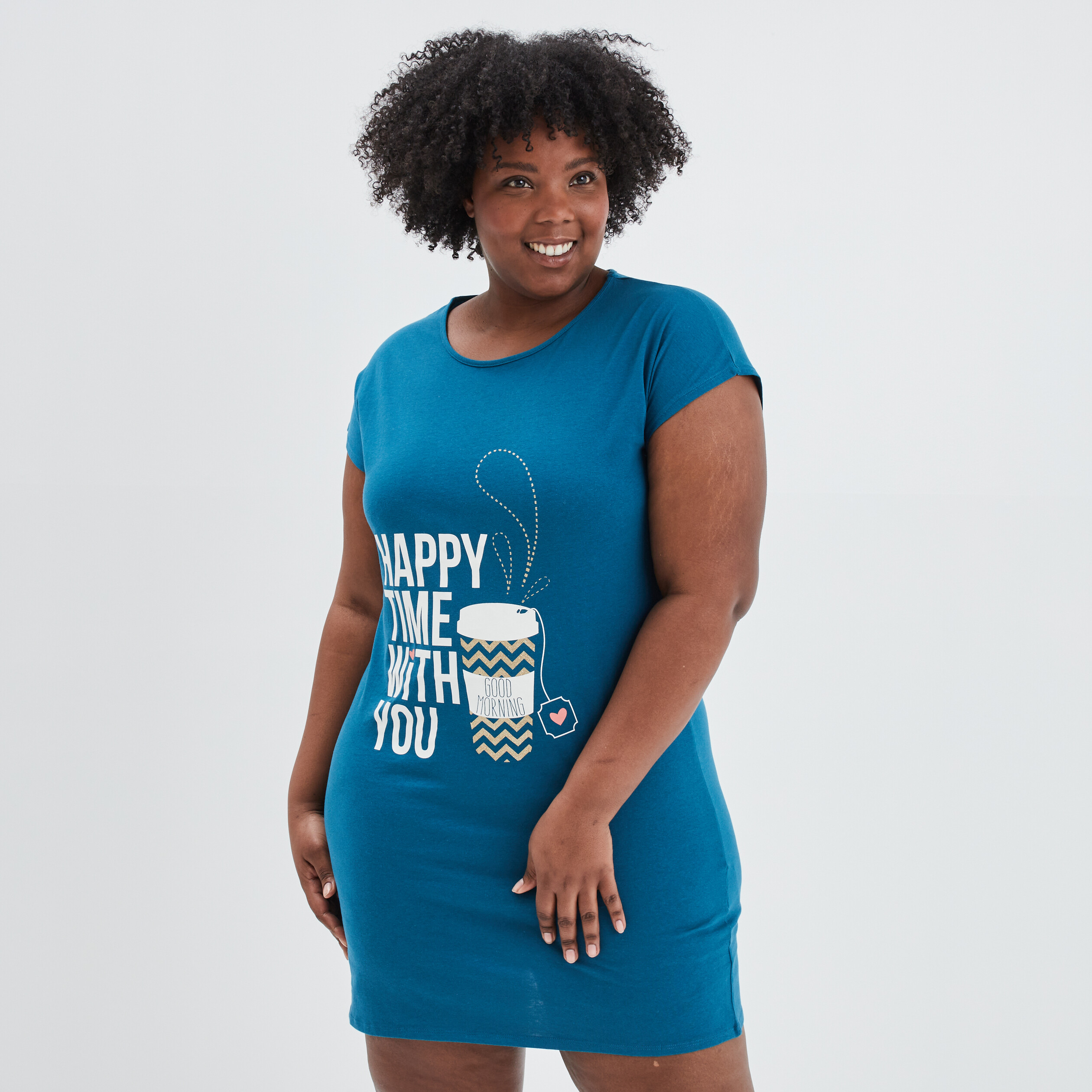 Chemise de nuit droite courte coton bleu canard femme grande taille | La Halle