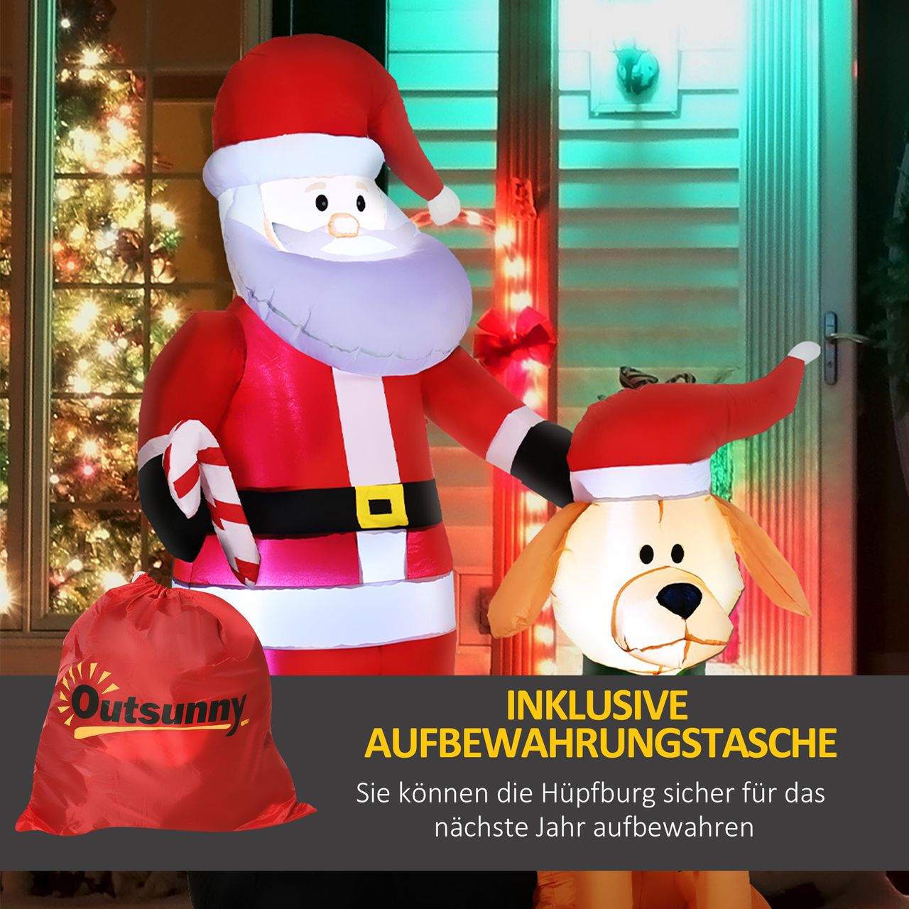 Outsunny 157 cm Aufblasbarer Weihnachtsmann mit Hund Weihnachtsdeko mit LED