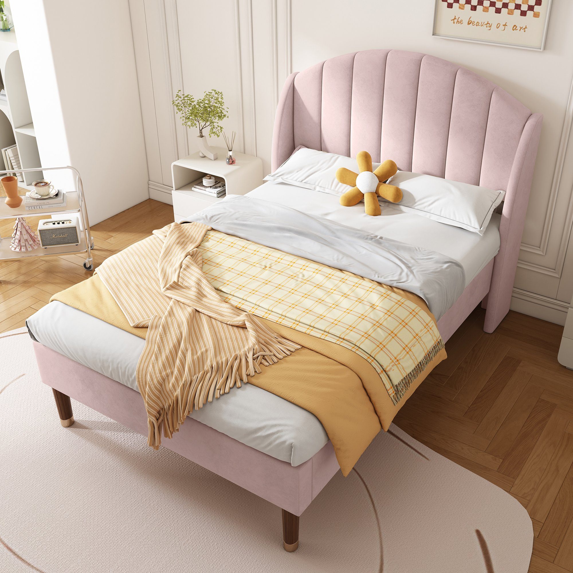 OKWISH Polsterbett Doppelbett Massivholzbett (90*200 mit Lattenrost und Kopfteil ohne Matratze), Holzlattenunterstützung, Einfache Montage