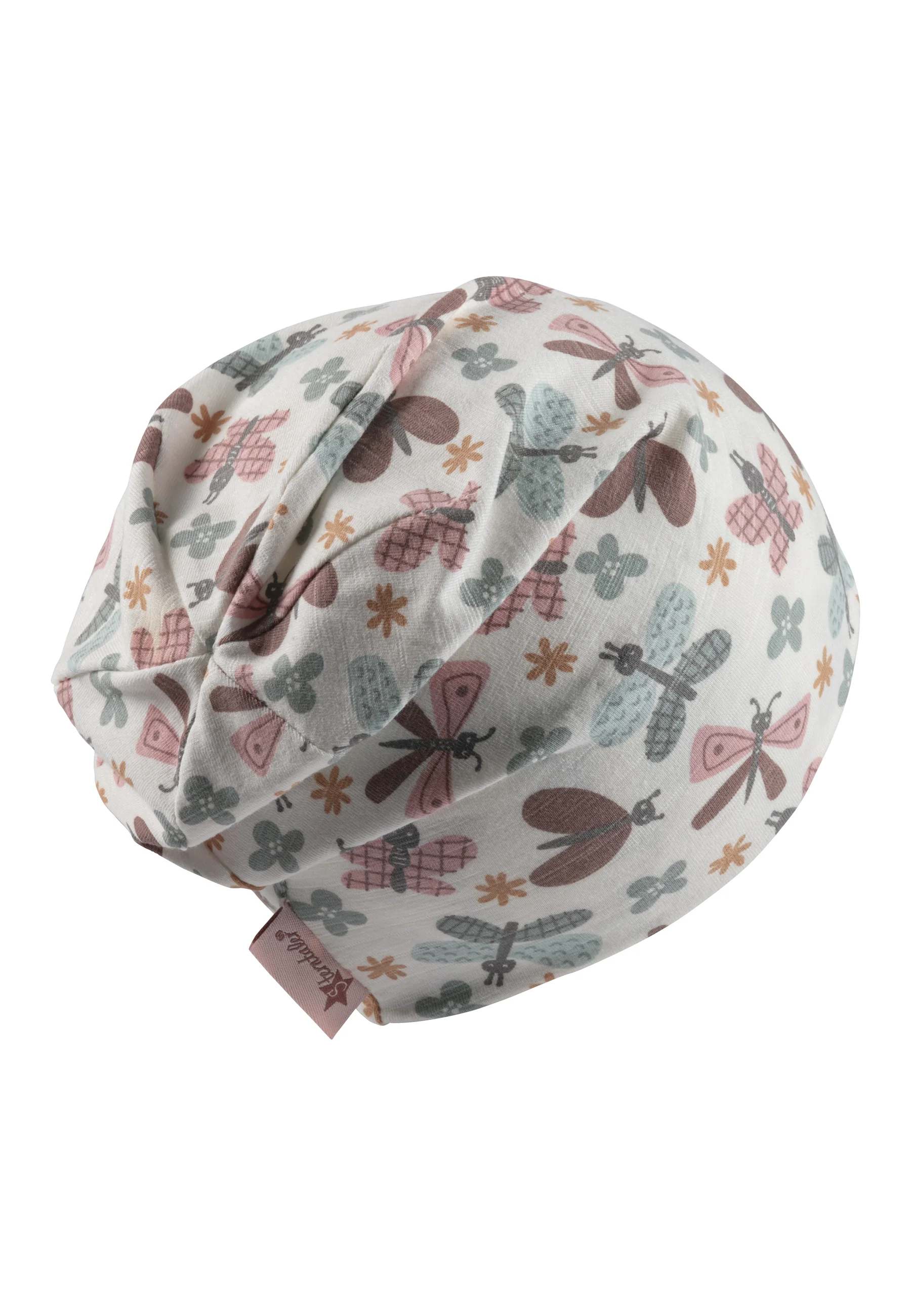 Beanie bedruckt mit bunten Schmetterlingen in ecru