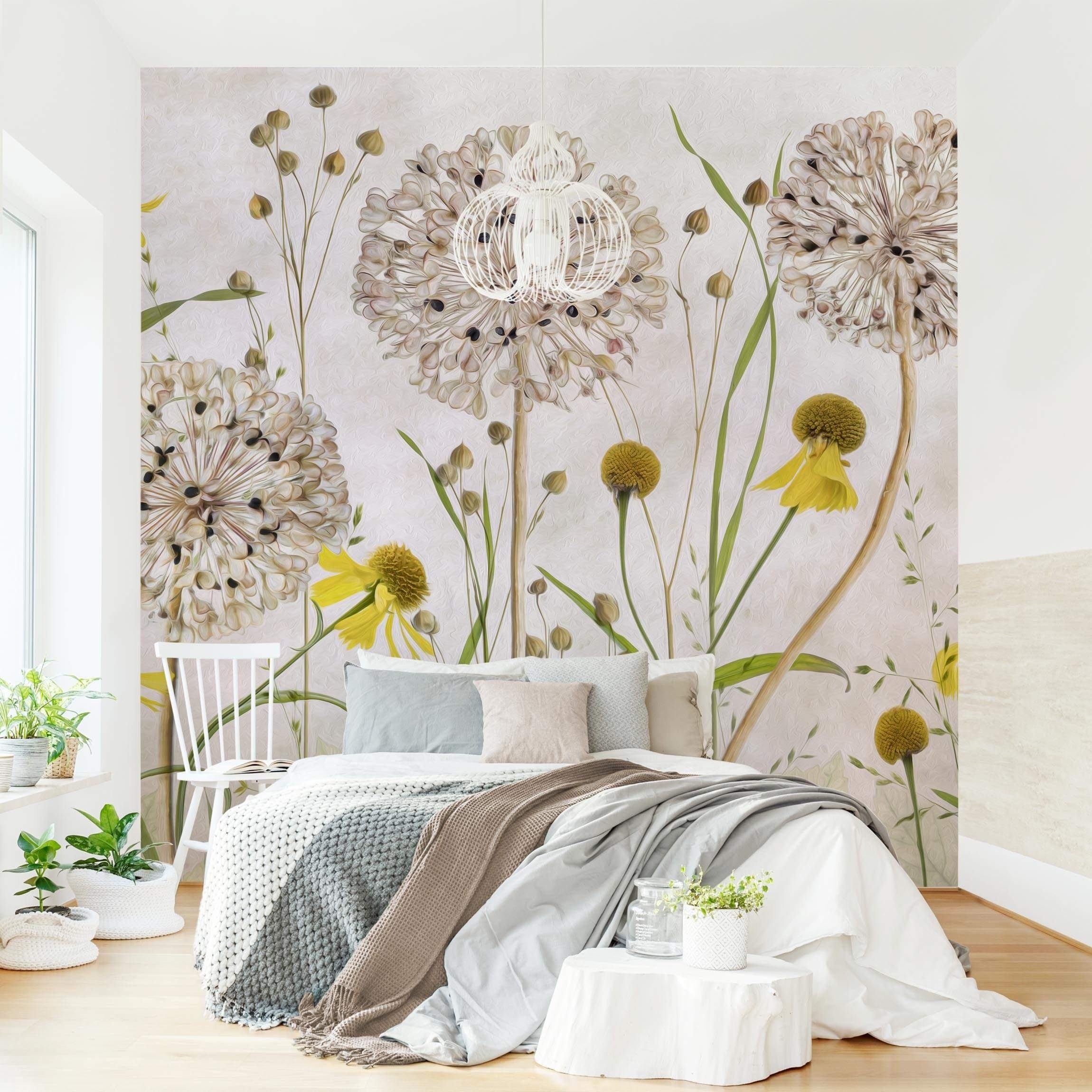 Bilderdepot24 Vliestapete Vintage Allium Helenium Illustration Blumen Beige Natur Wanddeko, Glatt, Matt, (Inklusive Gratis-Kleister oder selbstklebend), Wohnzimmer Schlafzimmer Küche Flur Fototapete Motivtapete Wandtapete